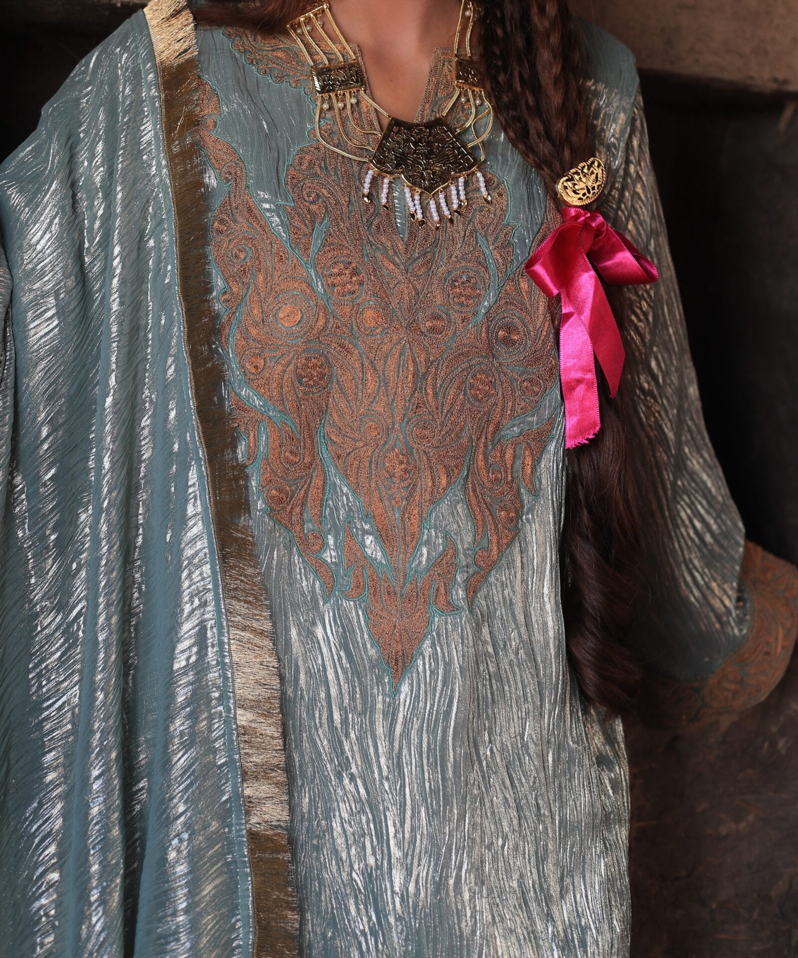 Sage Green Shimmer Tilla Embroidered Pheran Salwar