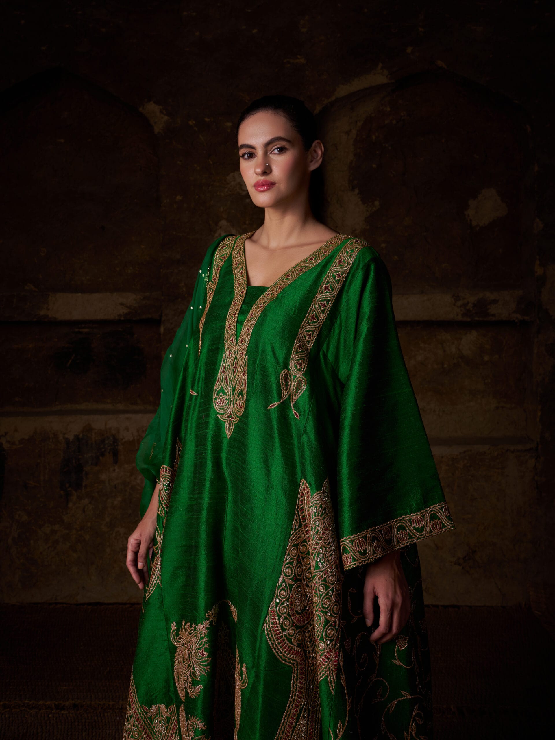Green Tilla And Dabka Embroidered Kalidar Pheran Salwar Organza Mukaish Dupatta