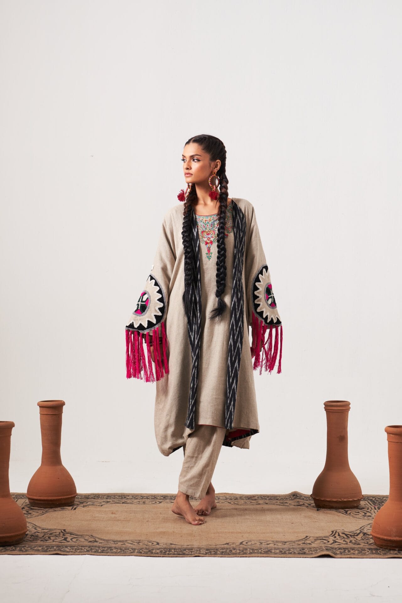 Beige Ari Embroidered Reversible Shrug
