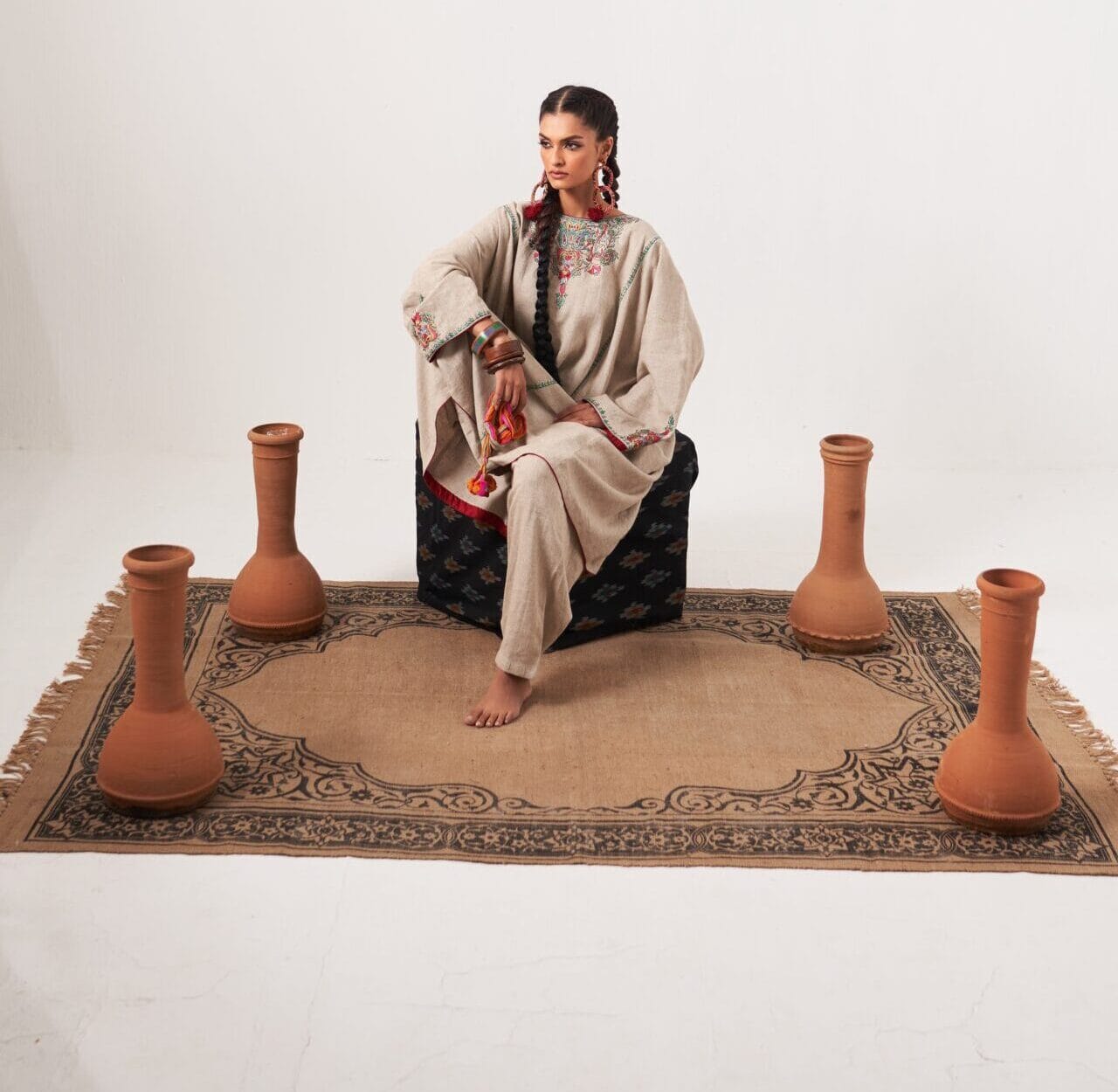 Beige Thread Embroidered Pheran Salwar