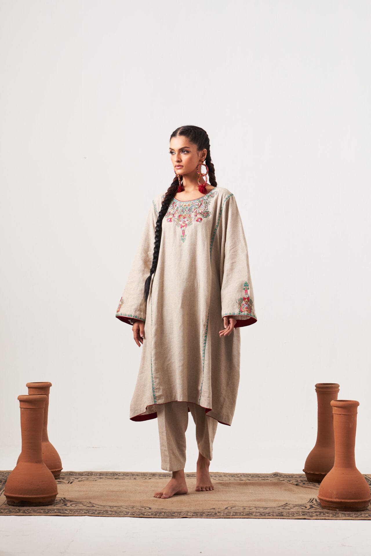 Beige Thread Embroidered Pheran Salwar