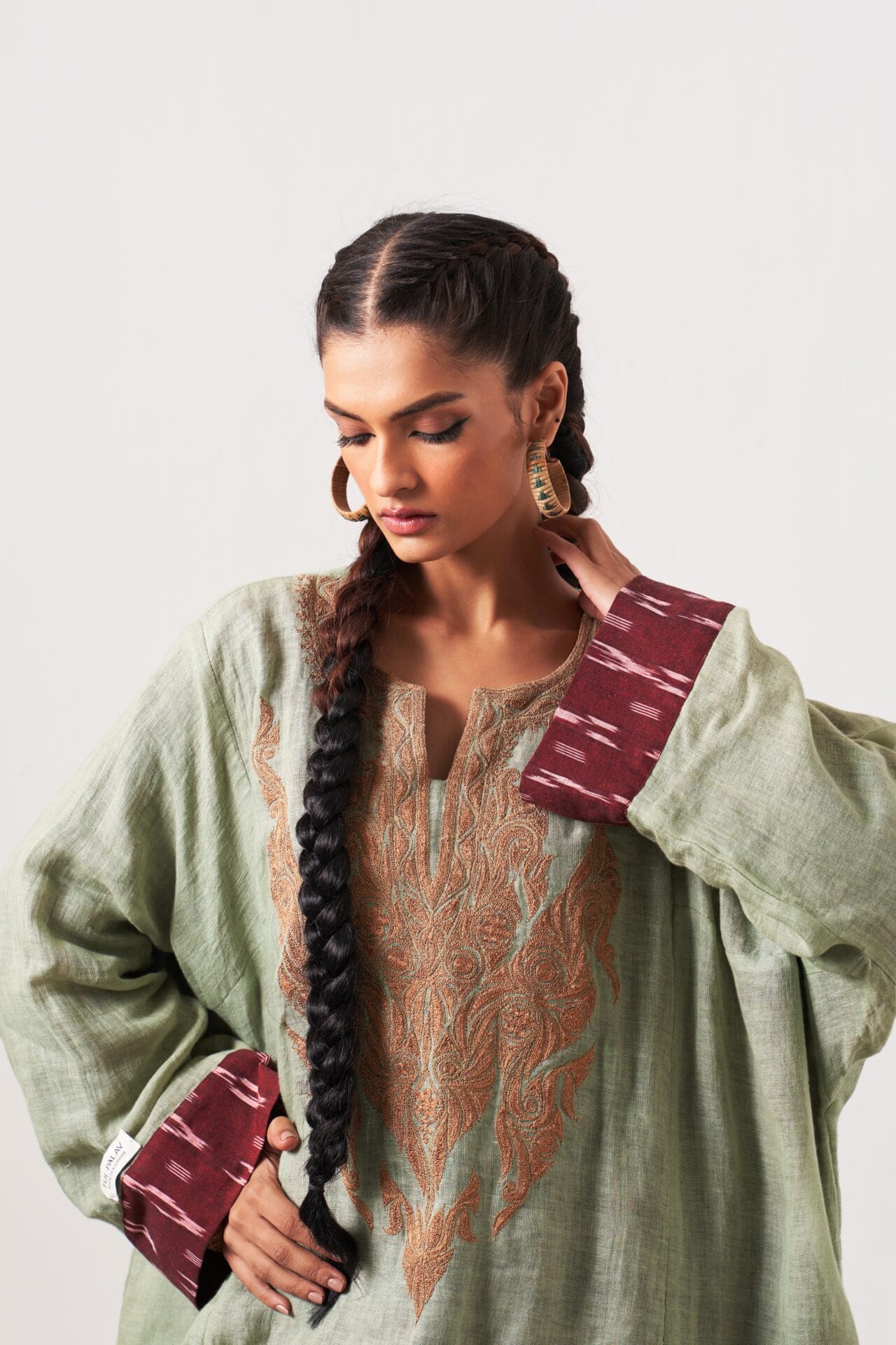 Sage Green and Maroon Tilla Embroidered Pheran Salwar