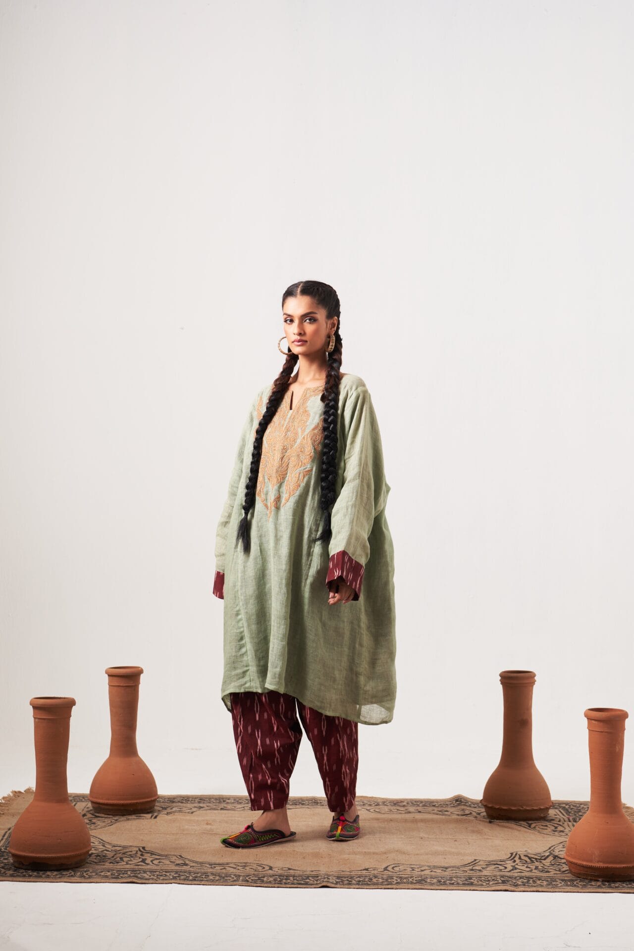 Sage Green and Maroon Tilla Embroidered Pheran Salwar