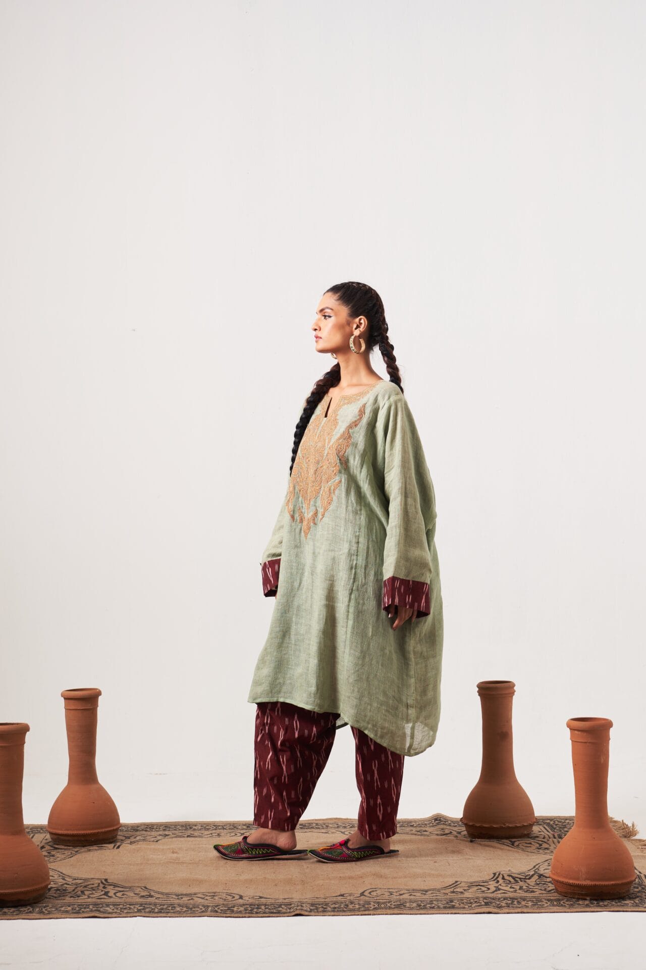 Sage Green and Maroon Tilla Embroidered Pheran Salwar
