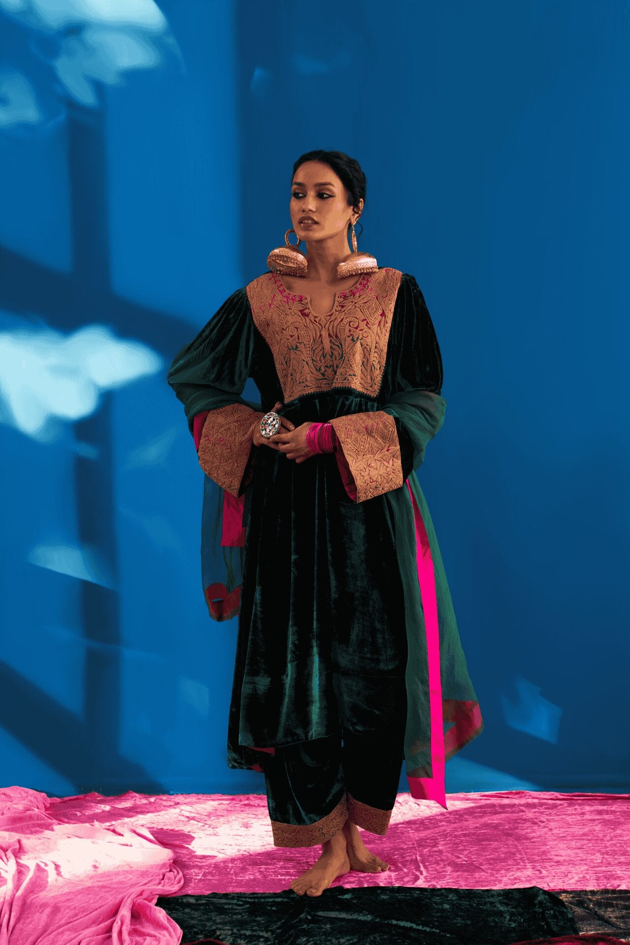 Bottle Green Tilla Embroidered kalidar Pheran Salwar Organza Dupatta