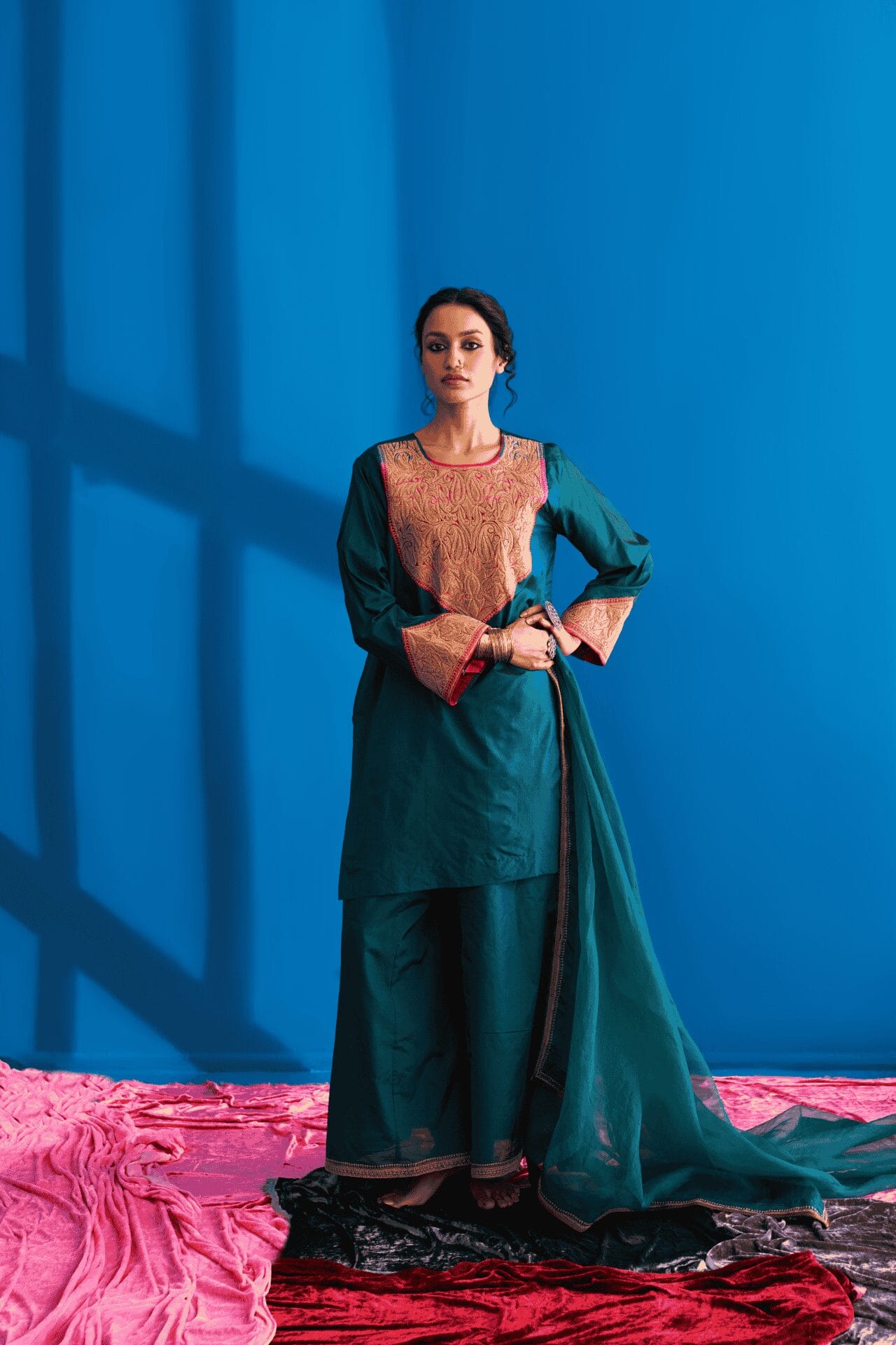 Bottle Green Purple Tilla Embroidered Kurta Palazzo Organza Dupatta