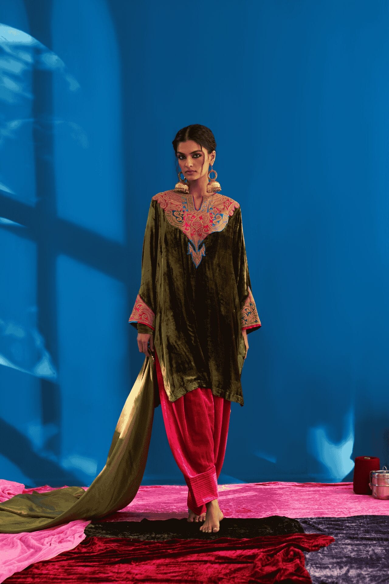 Olive Green and Pink Tilla Embroidered Kurta Salwar Tissue Dupatta