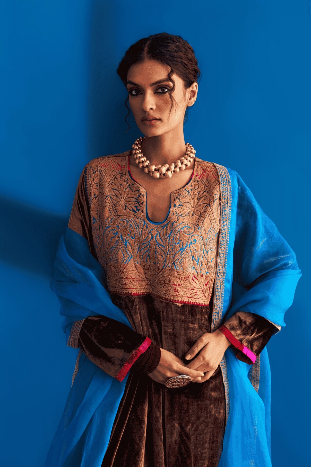 Brown And Blue Tilla Embroidered Pheran Salwar Organza Dupatta