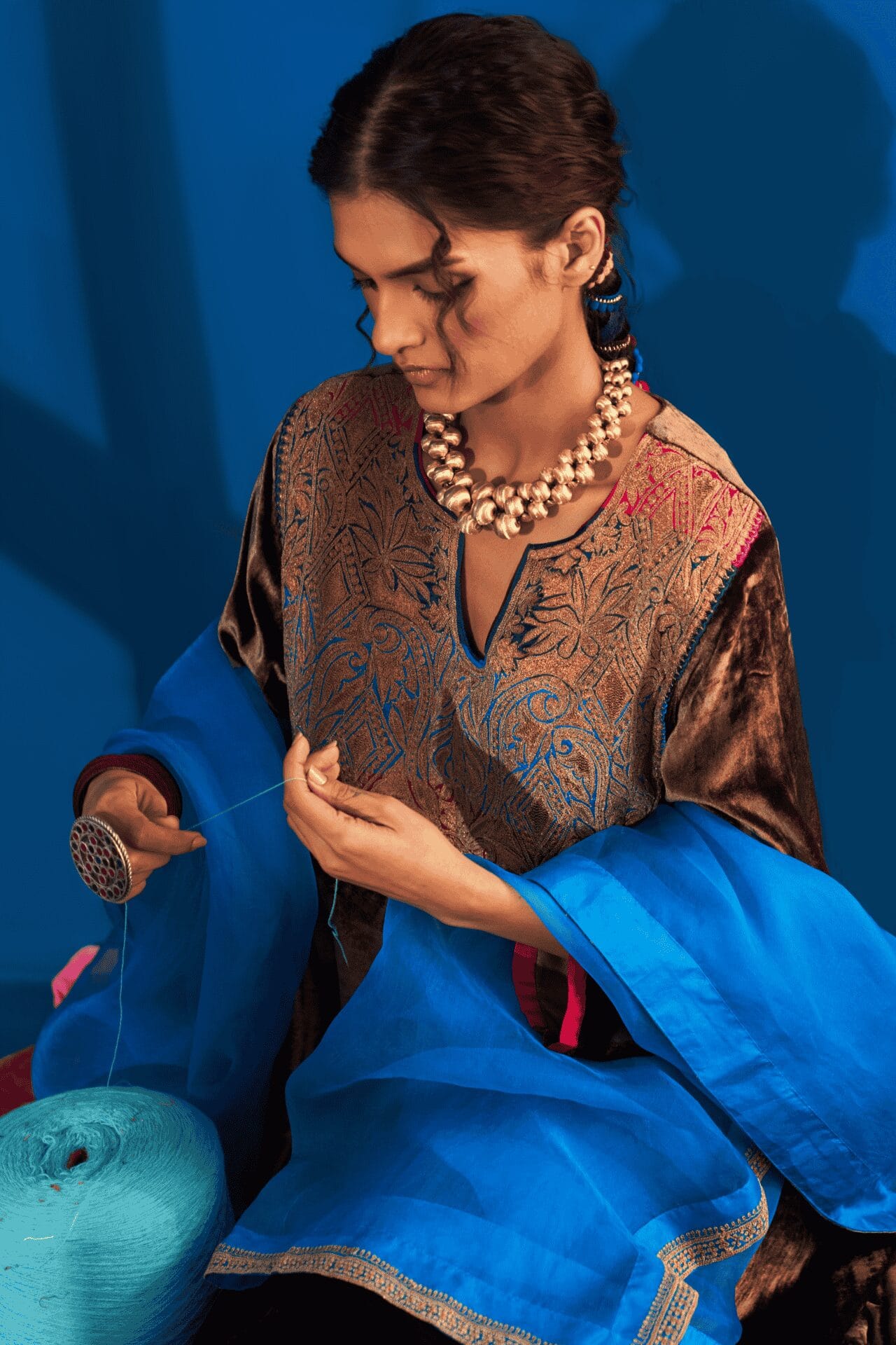 Brown And Blue Tilla Embroidered Pheran Salwar Organza Dupatta