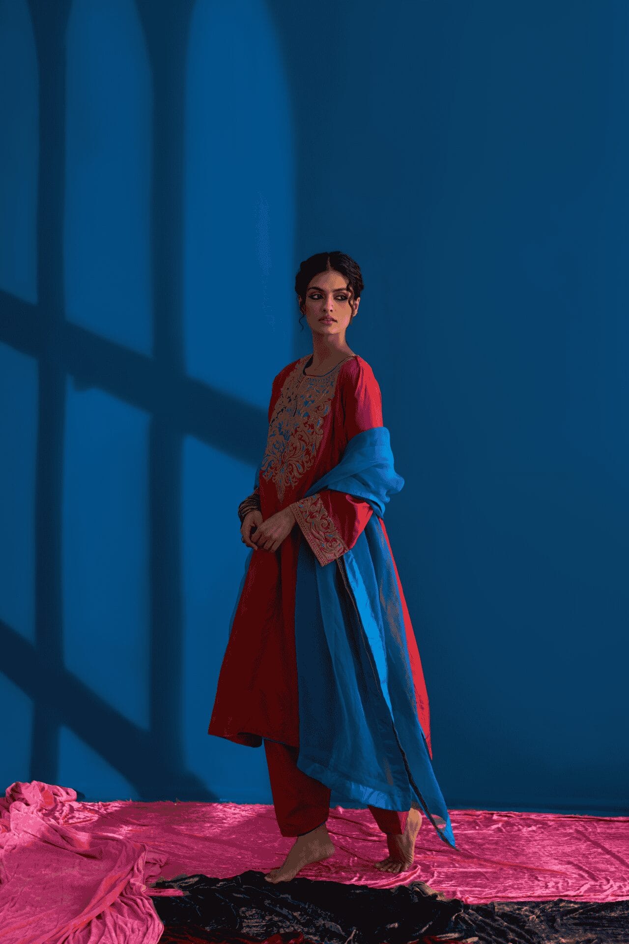 Rust Tilla Embroidered Pheran Salwar Organza Dupatta