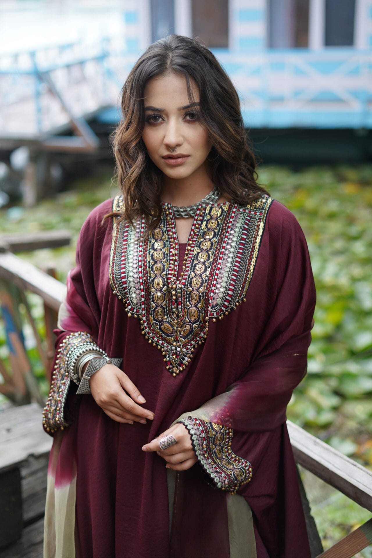 Maroon Hand Embroidered Kaftaan Palazzo Organza Dupatta