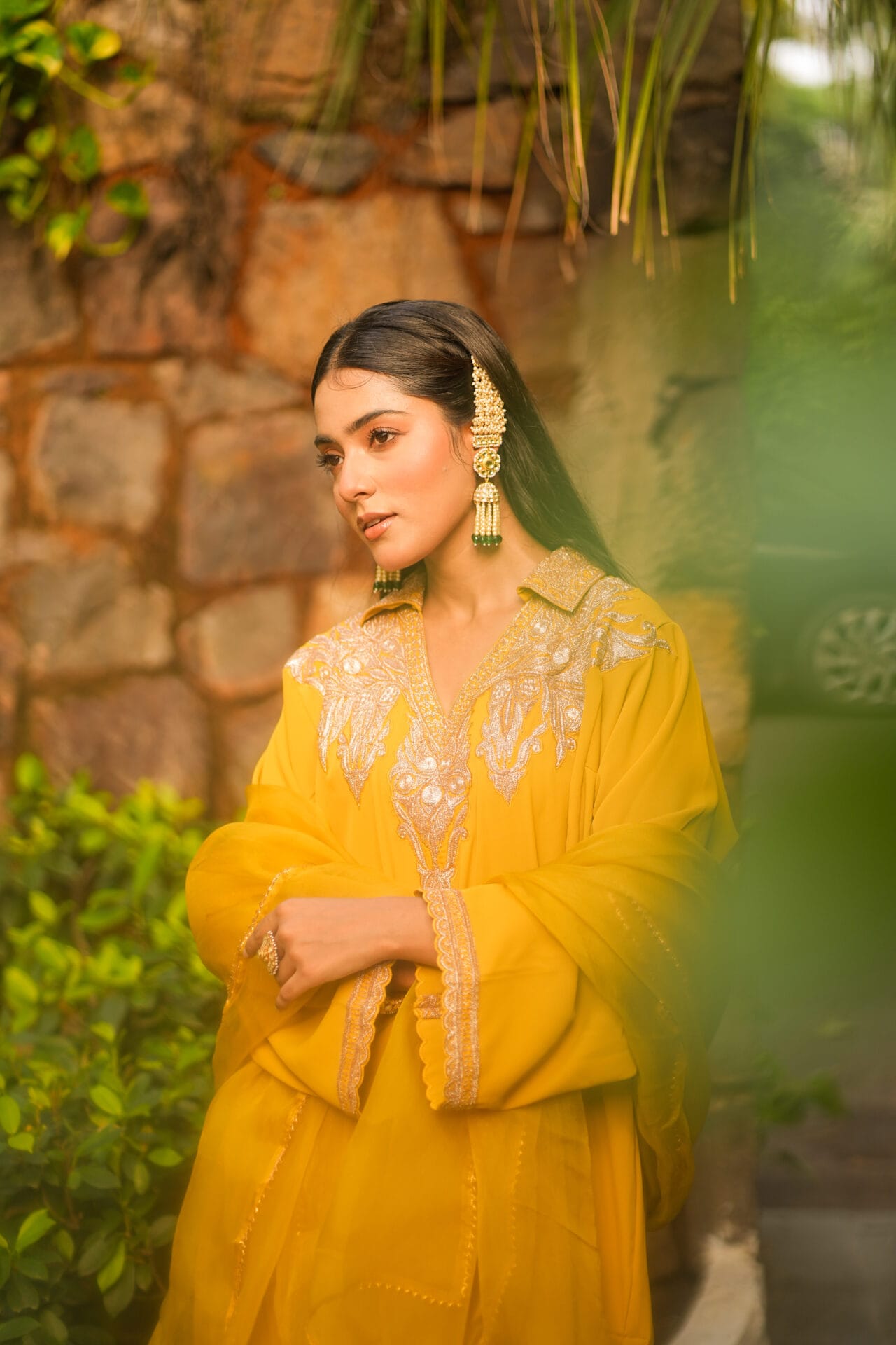 Mustard Tilla Embroidered Pheran Salwar Organza Dupatta
