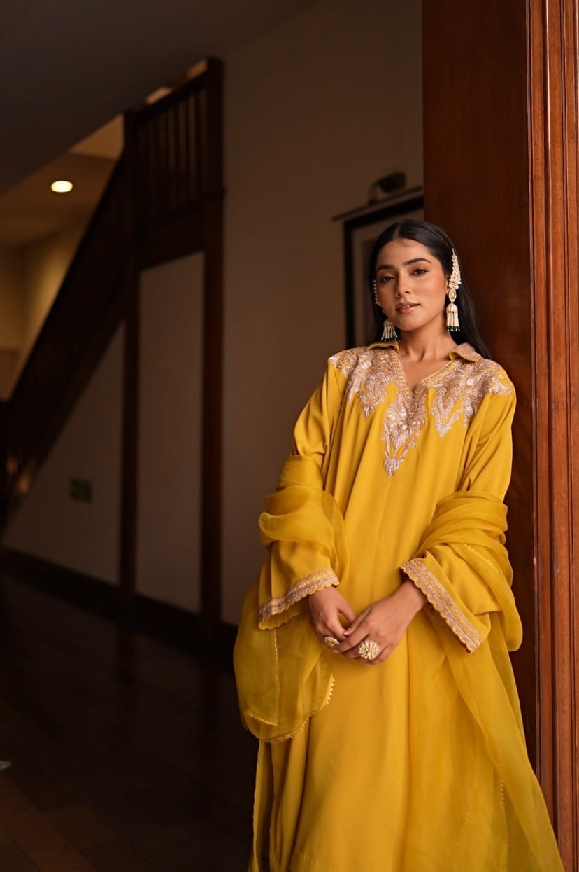Mustard Tilla Embroidered Pheran Salwar Organza Dupatta