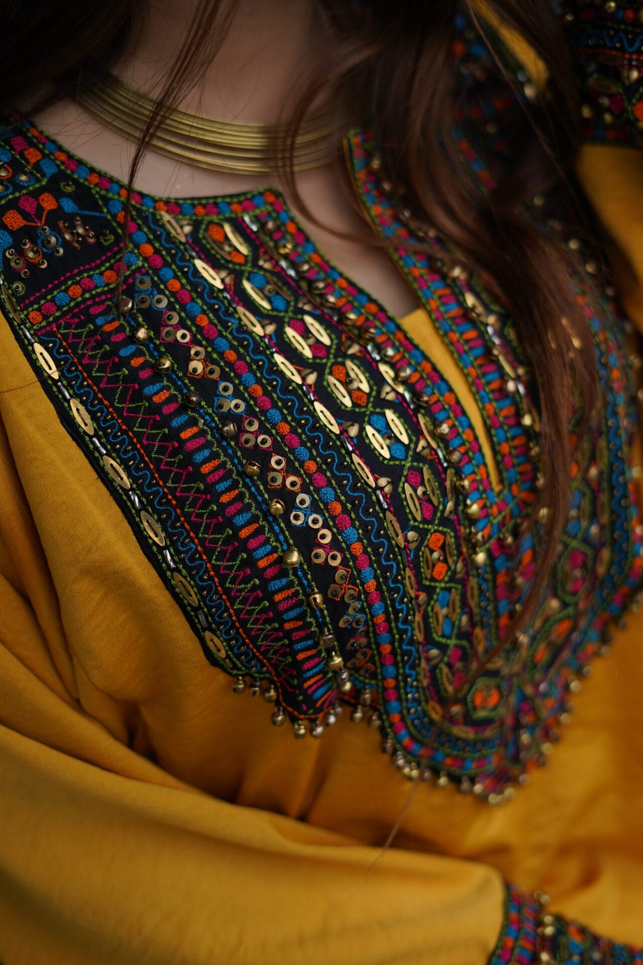 Mustard Hand Embroidered Kaftaan Salwar Organza Dupatta