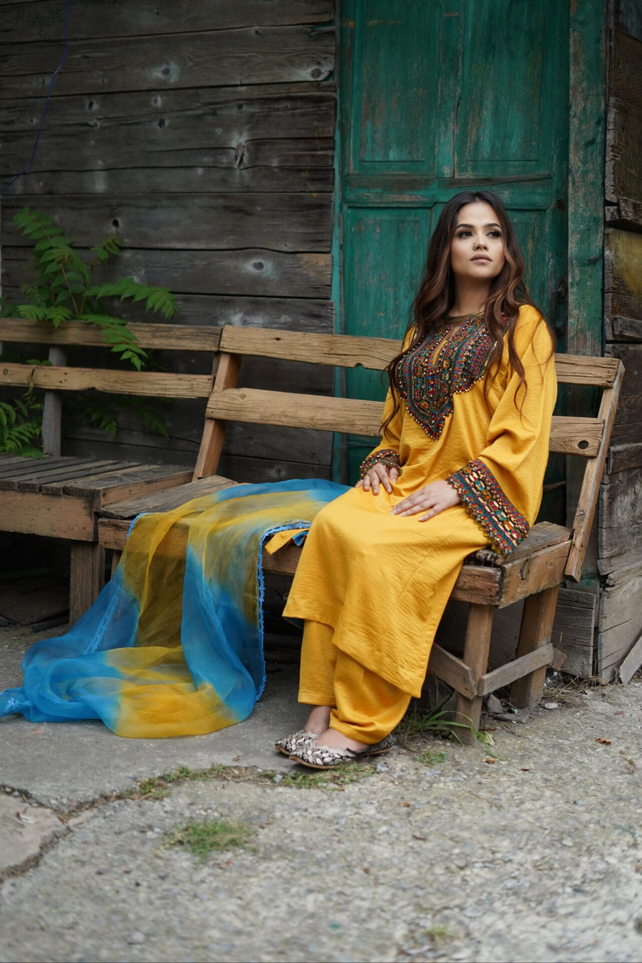 Mustard Hand Embroidered Kaftaan Salwar Organza Dupatta