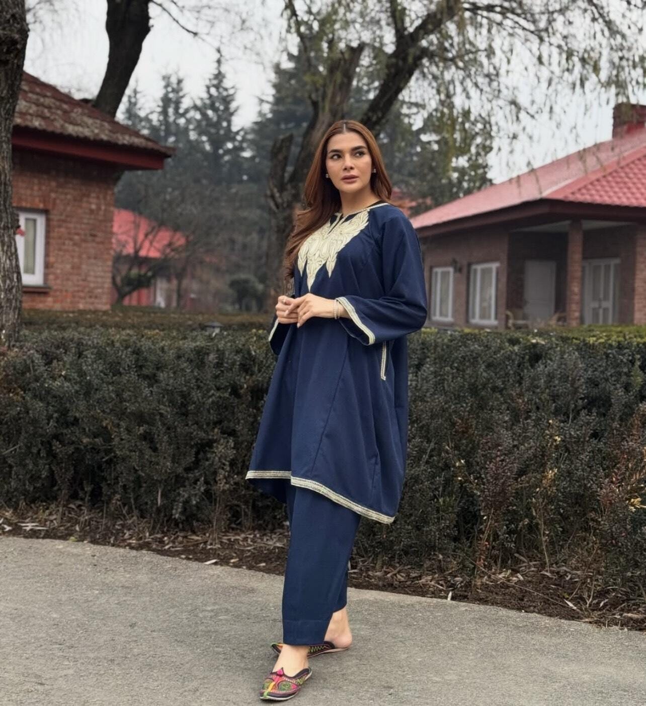 Blue Tilla Embroidered Round Pheran Salwar