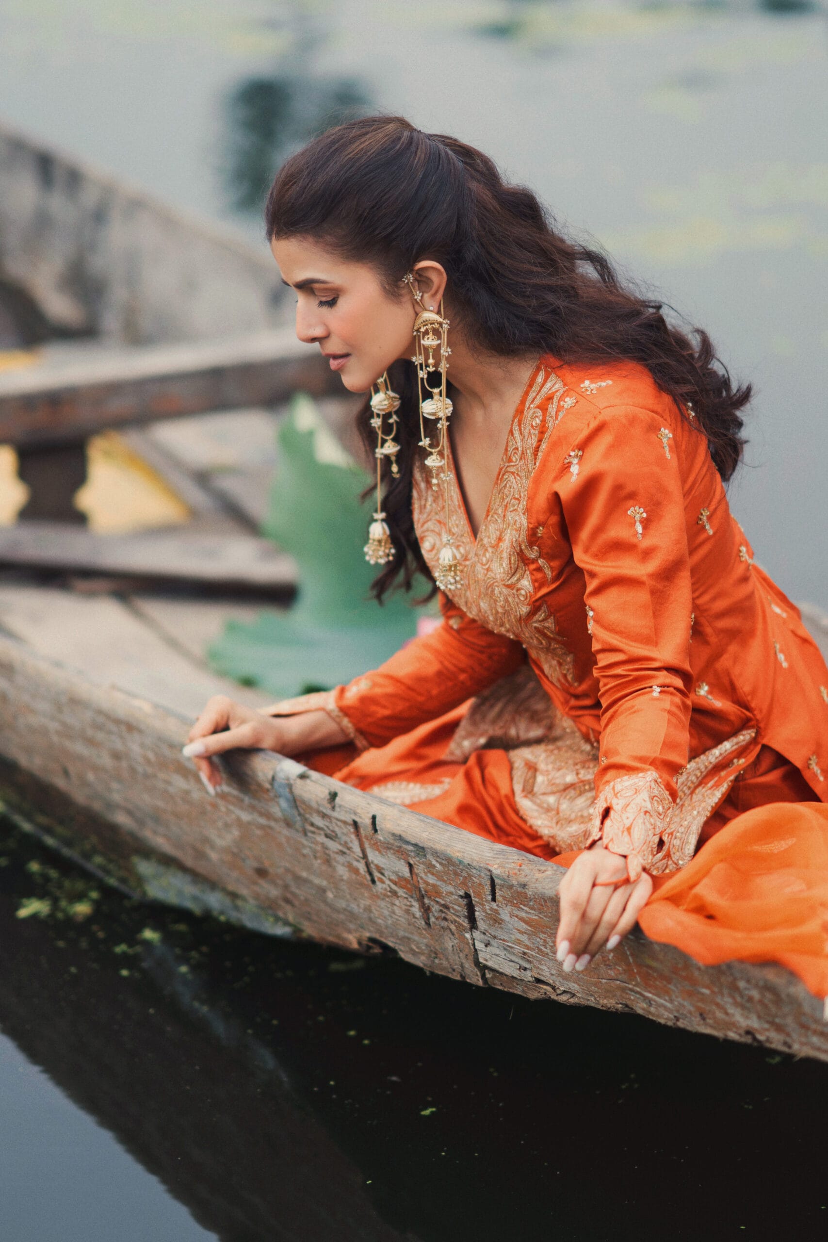 Rust Tilla Embroidered Kameez Farshi Salwar Organza Dupatta