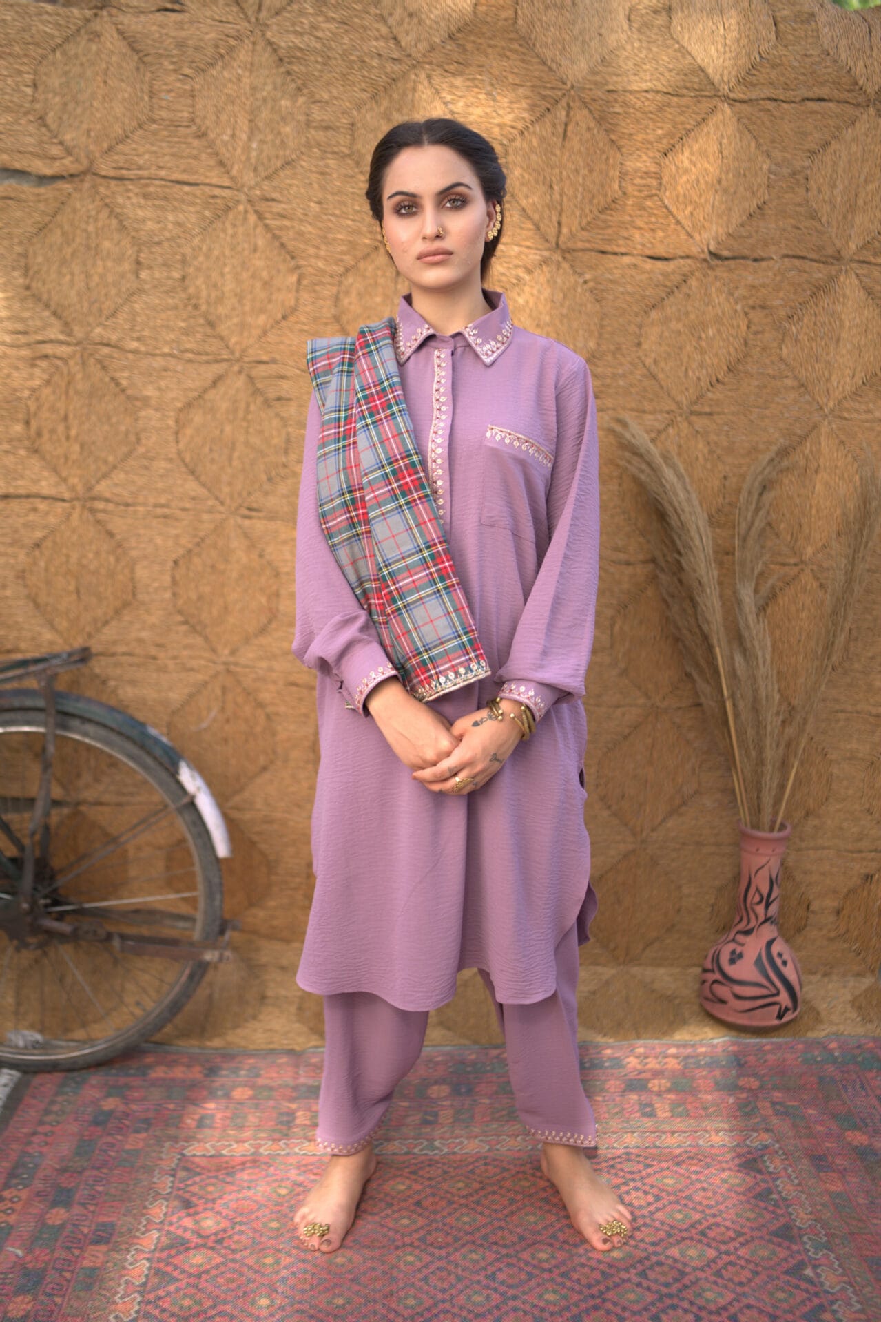 Lilac Tilla Embroidered Kurta Salwar Check Stole