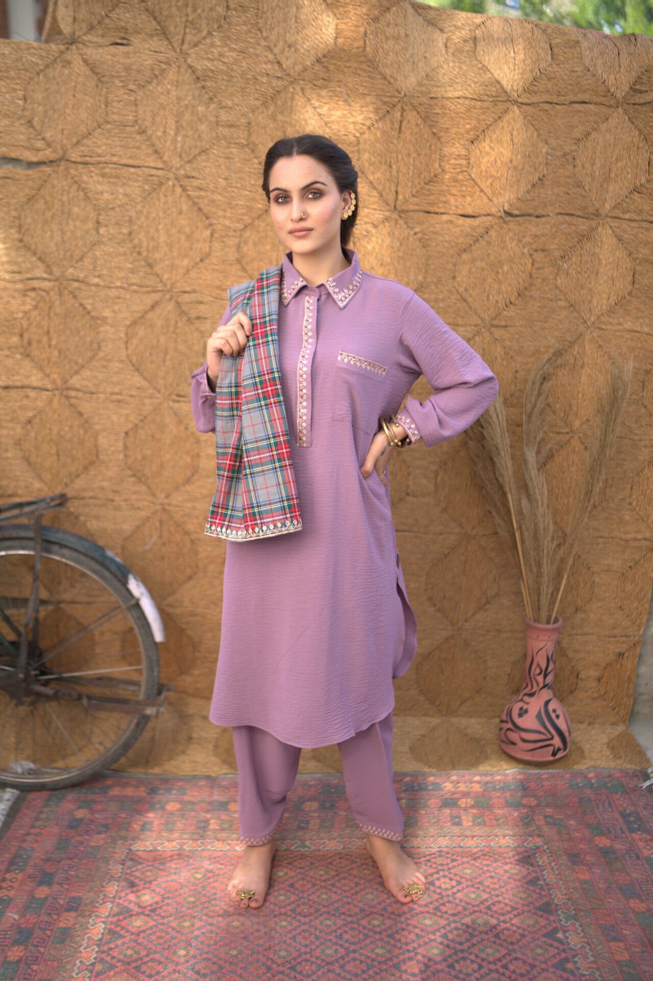 Lilac Tilla Embroidered Kurta Salwar Check Stole