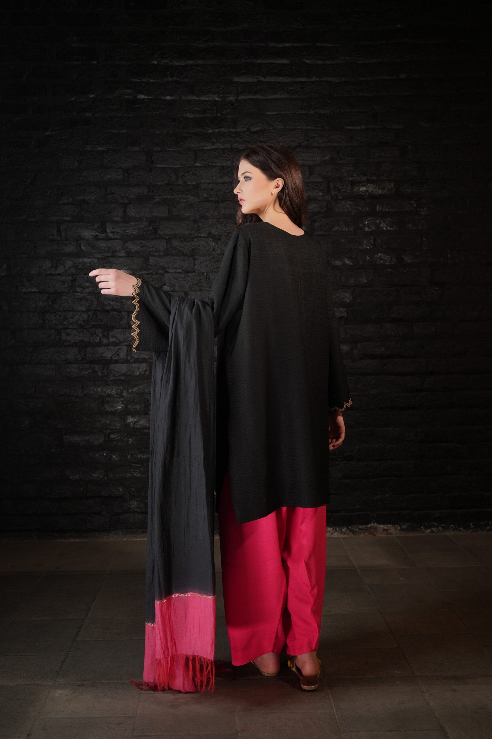 Black and Hotpink Tilla Embroidered Kurta Farshi Salwar Dupatta