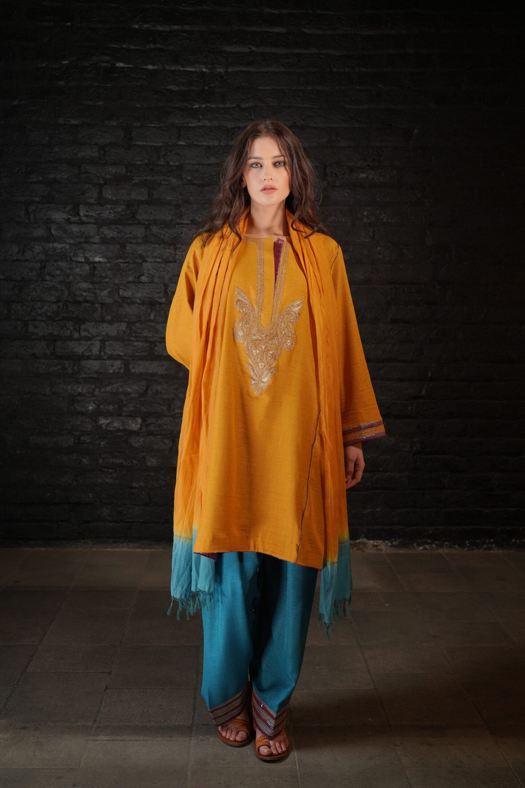 Mustard and Teal Tilla Embroidered Round Pheran Farshi Salwar Dupatta