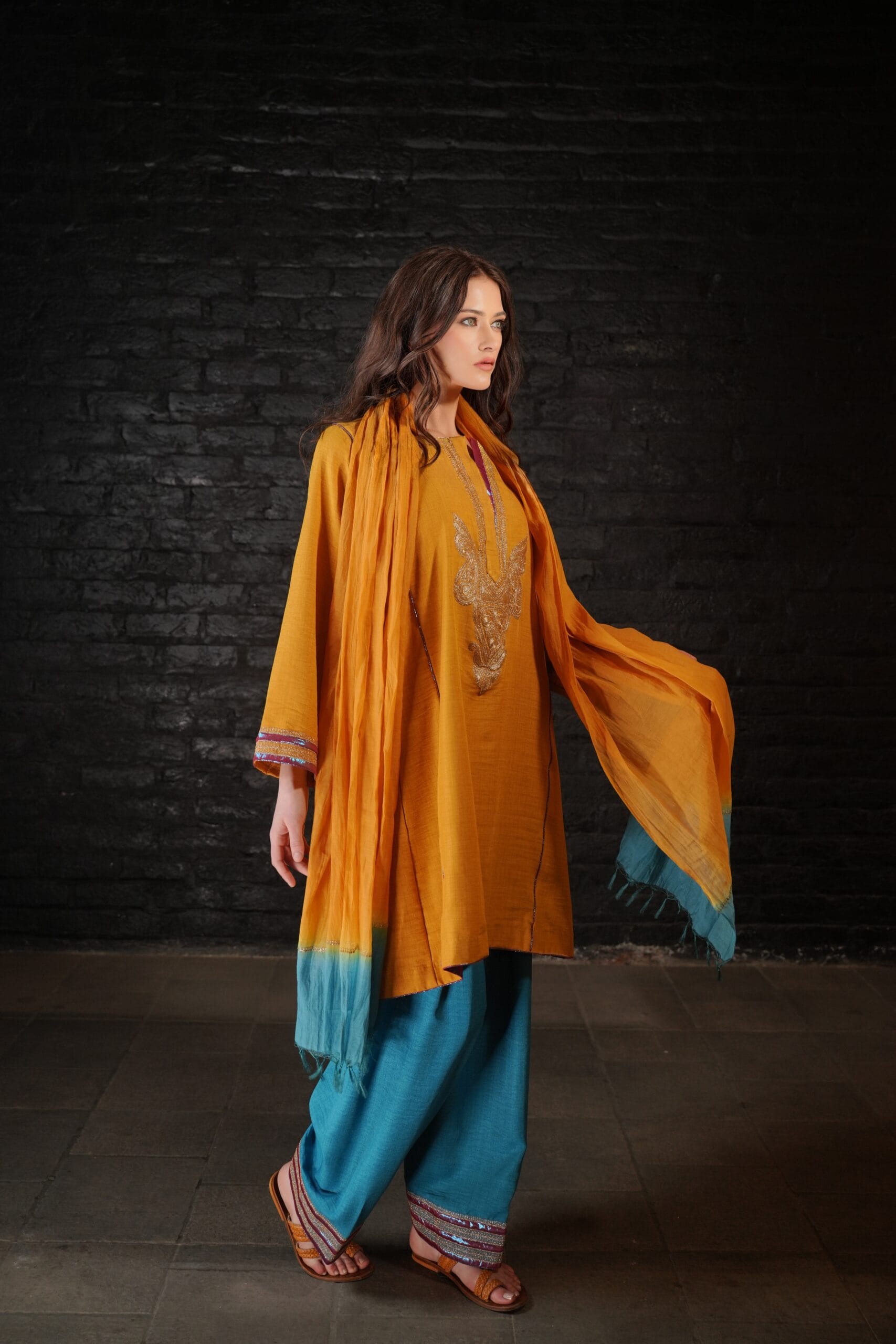 Mustard and Teal Tilla Embroidered Round Pheran Farshi Salwar Dupatta