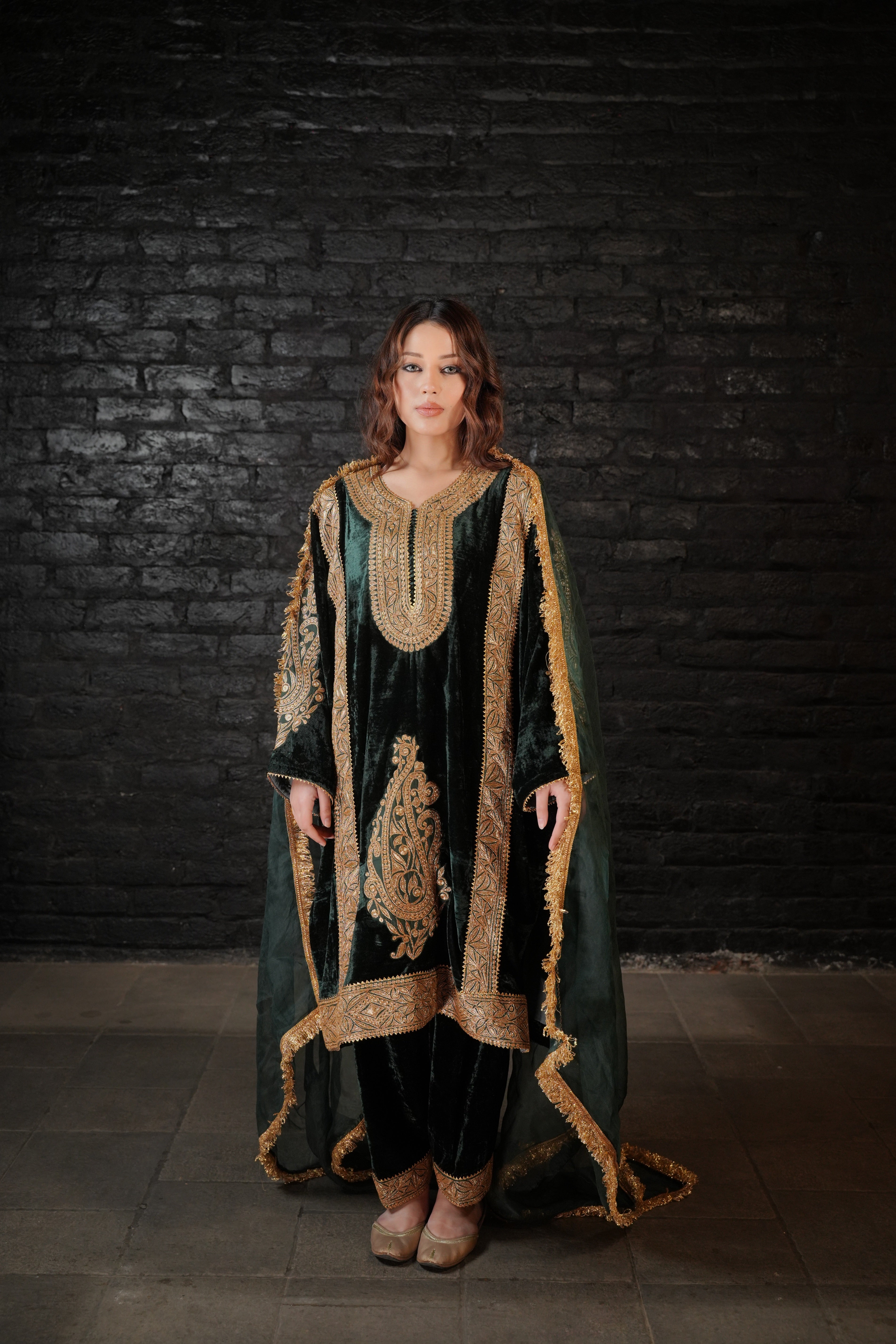 Bottle Green Tilla Embroidered Pheran Salwar Organza Dupatta
