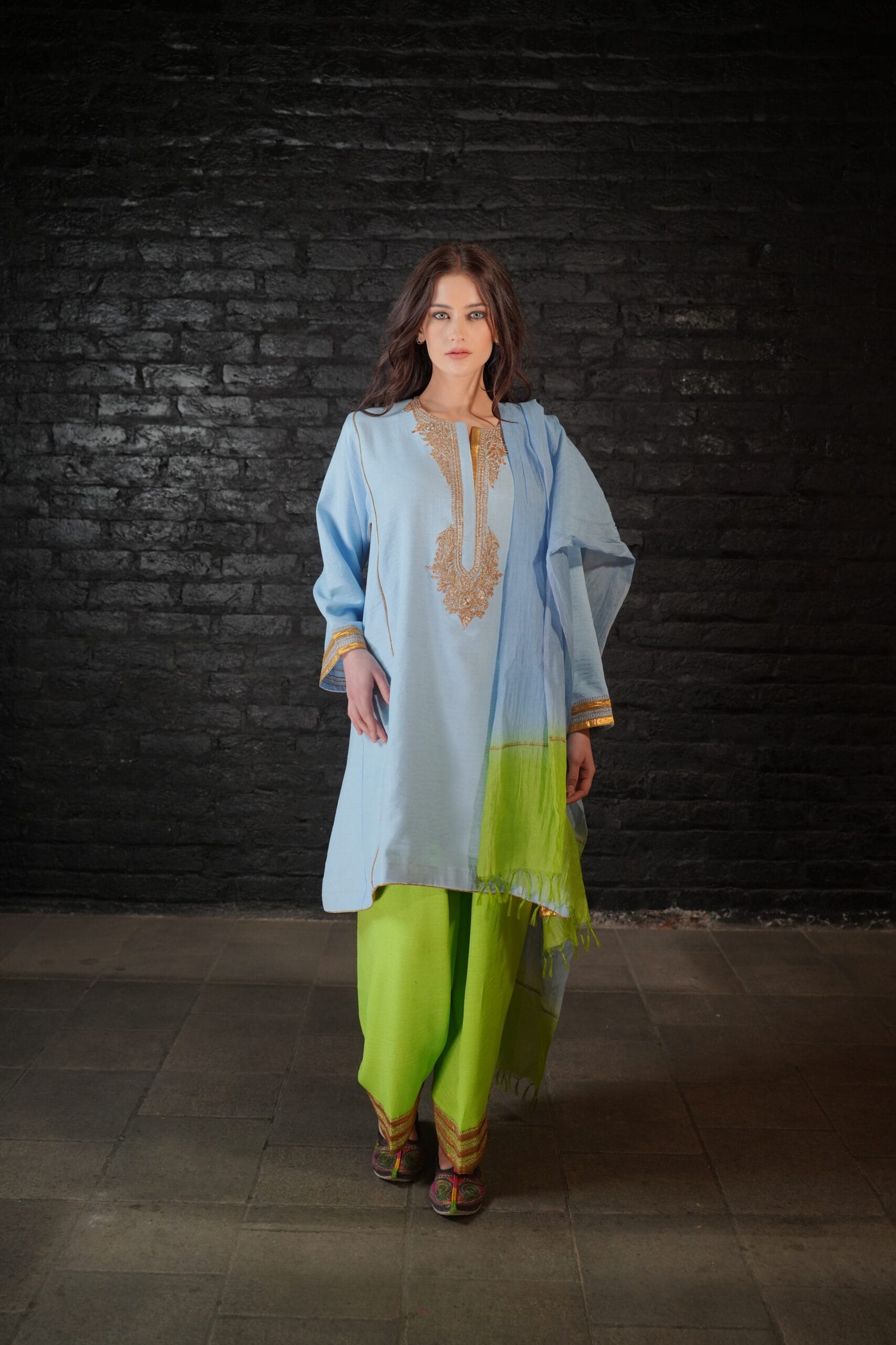 Powder Blue and Green Tilla Embroidered Round Pheran Farshi Salwar Dupatta
