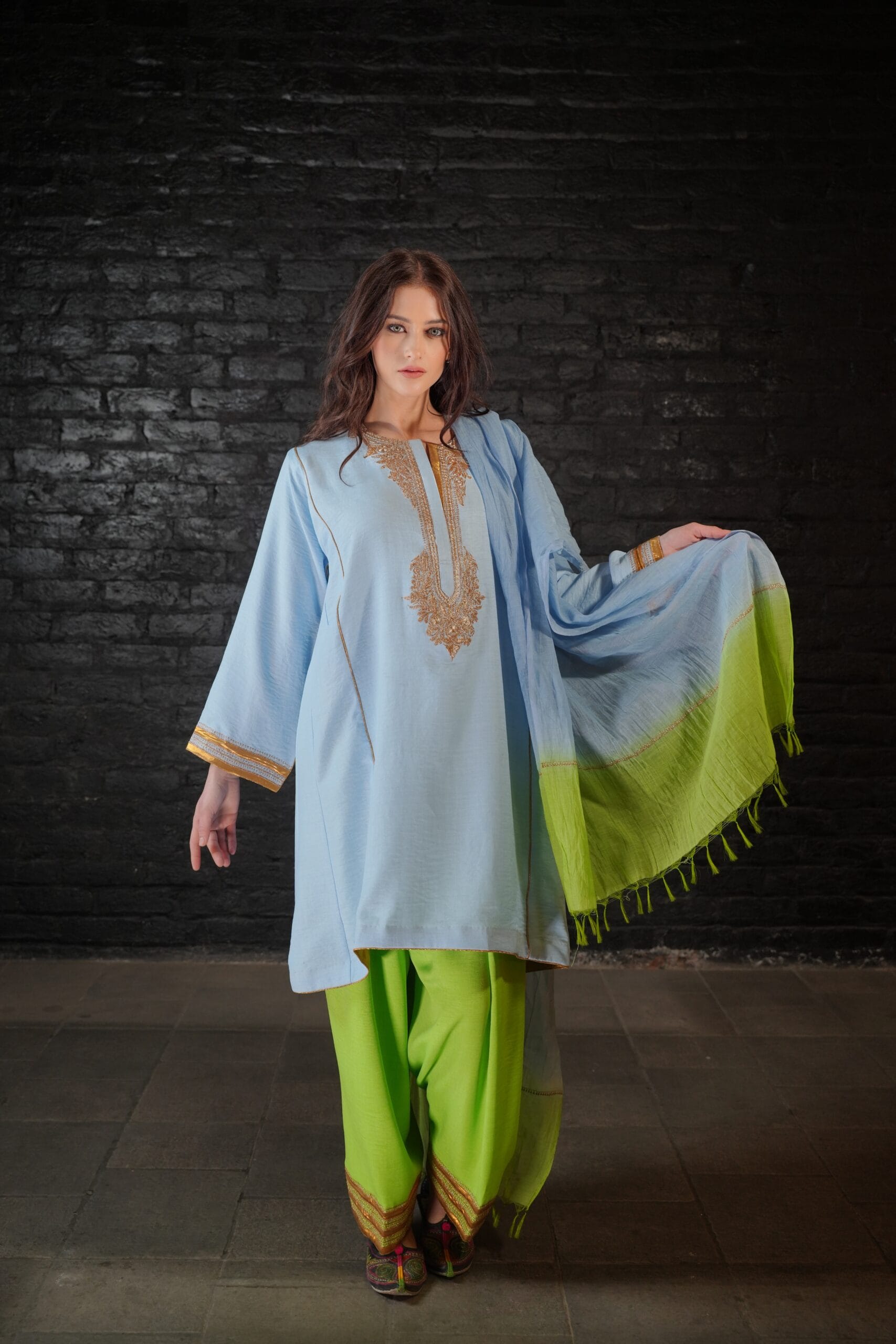 Powder Blue and Green Tilla Embroidered Round Pheran Farshi Salwar Dupatta