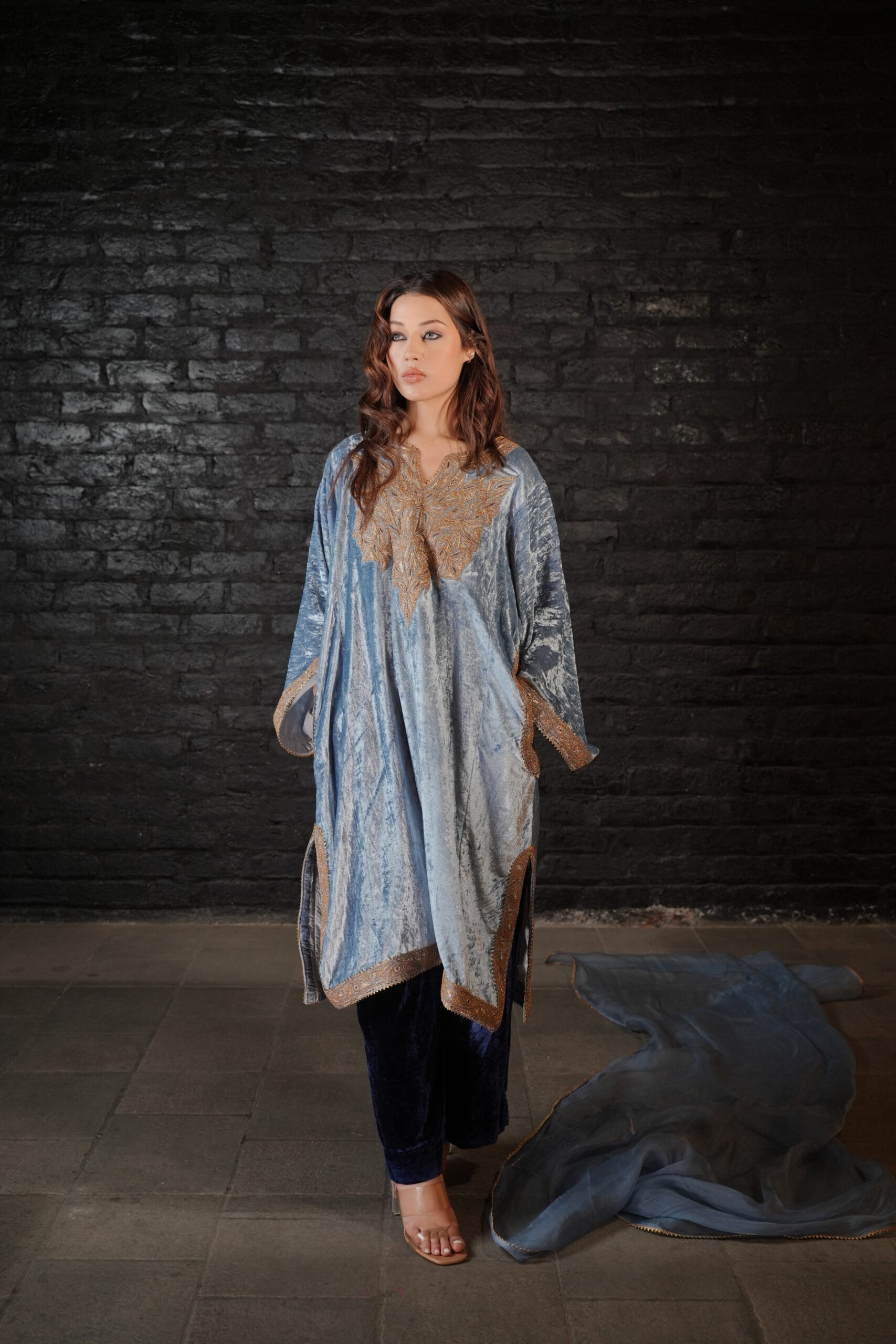 Blue Tilla and Thread Embroidered Pheran Pants Dupatta