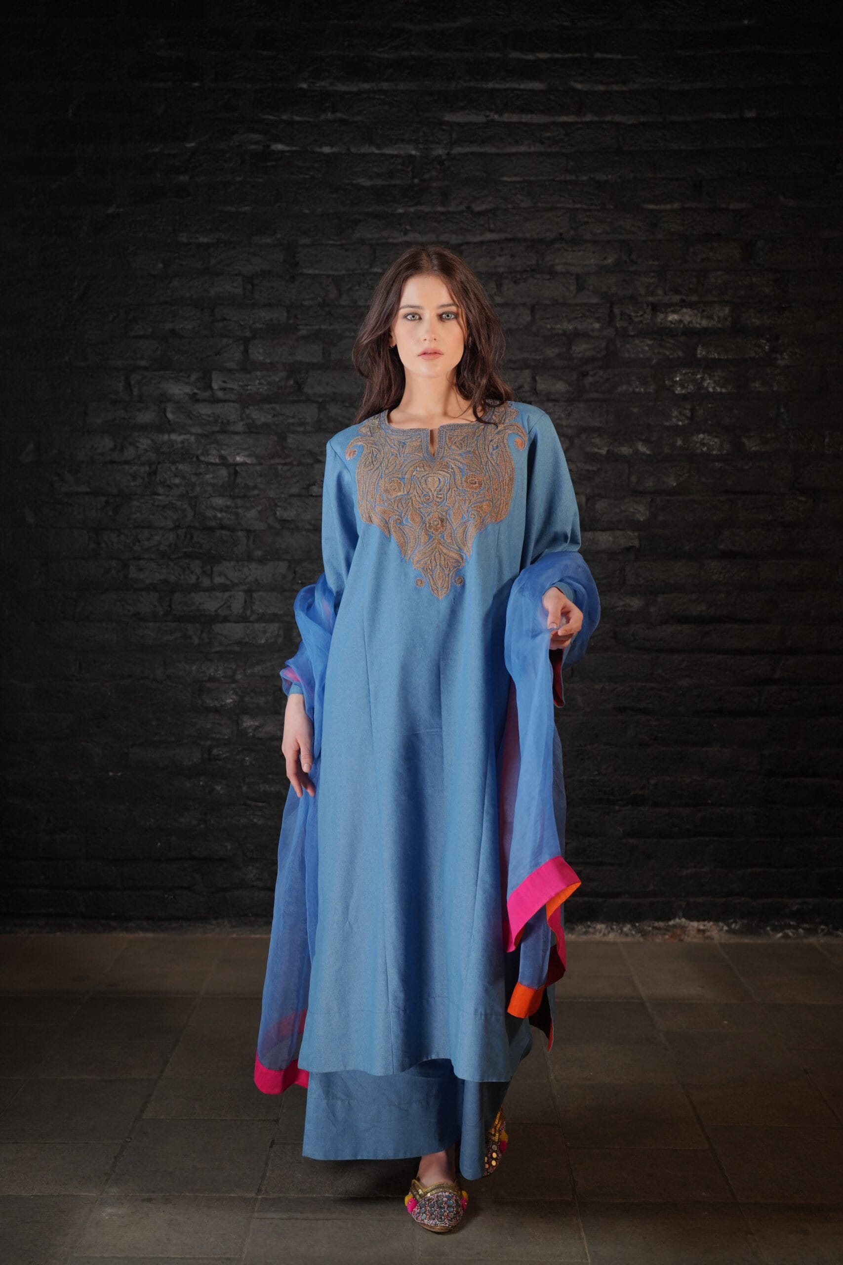 Denim Tilla Embroidered Pheran Pants Dupatta
