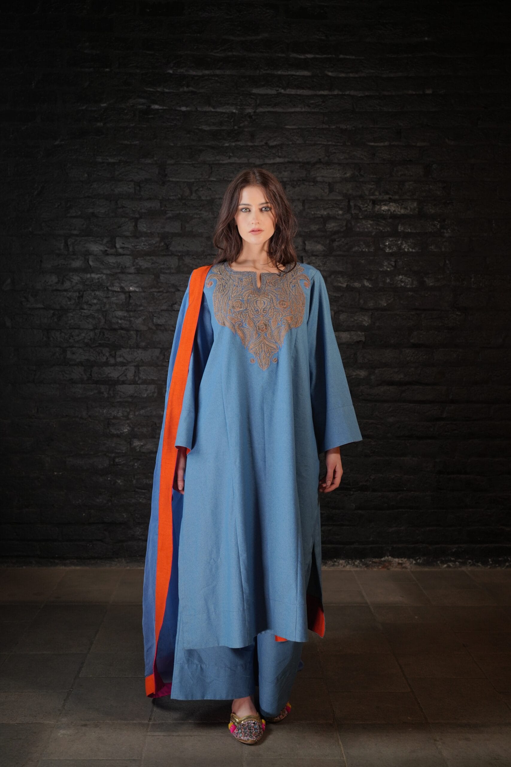Denim Tilla Embroidered Pheran Pants Dupatta