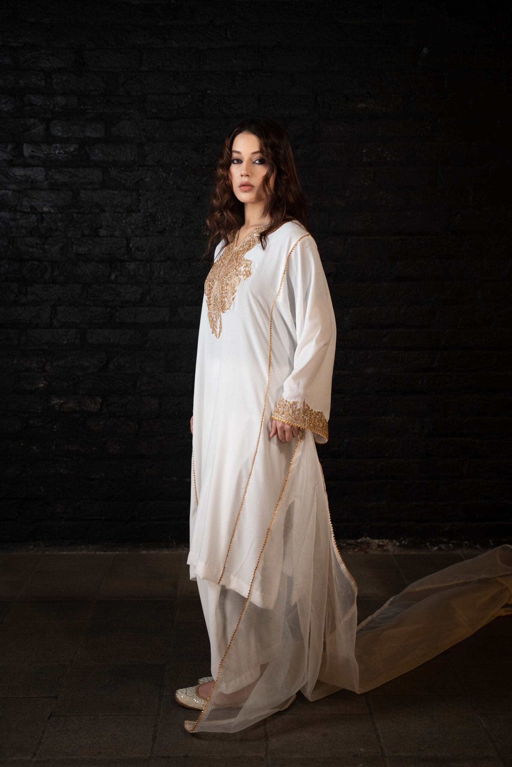 White Tilla Embroidered Pheran Salwar Dupatta