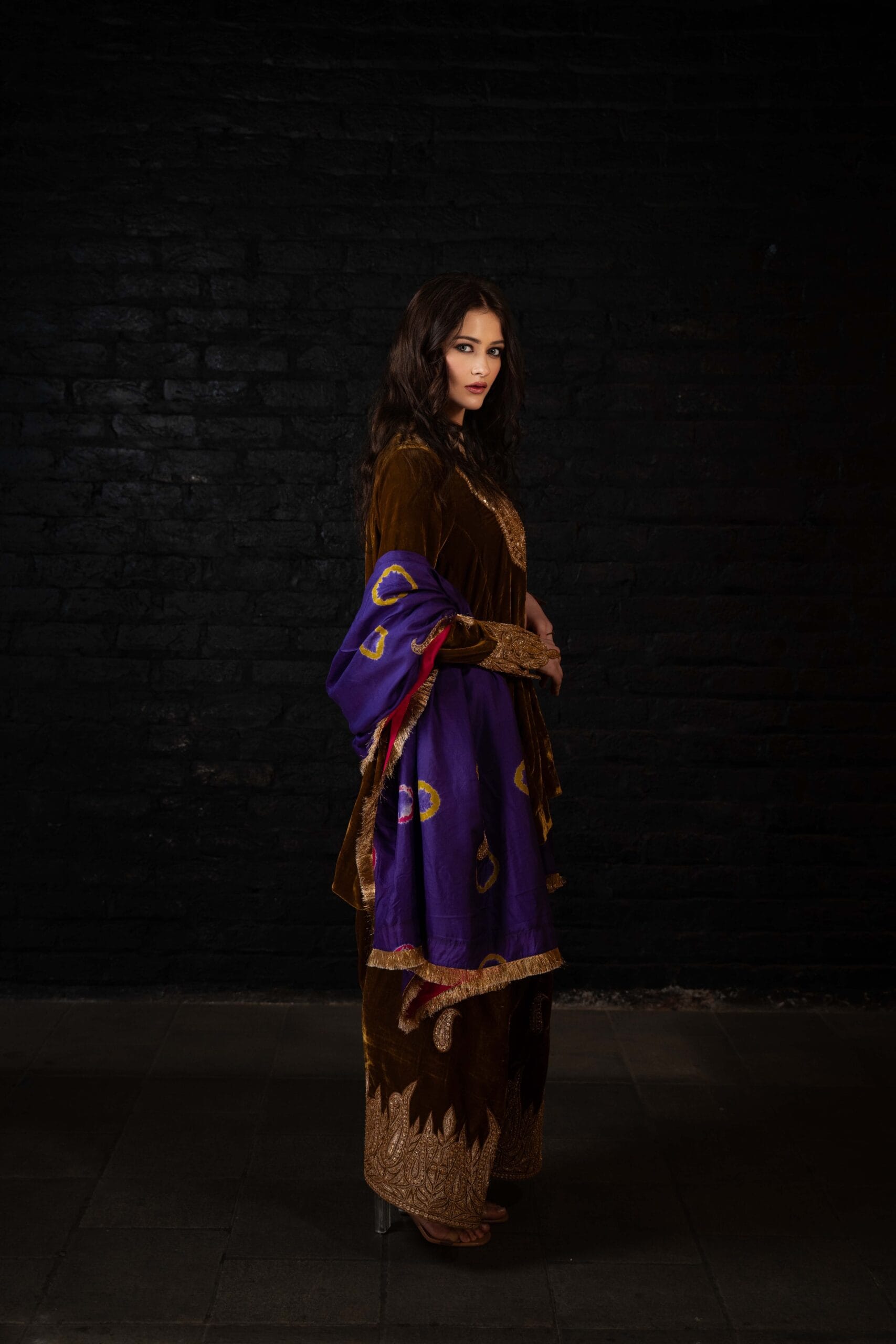 Mustard and Purple Tilla and Hand Embroidered Round Pheran Farshi Salwar Silk Bandhani Dupatta