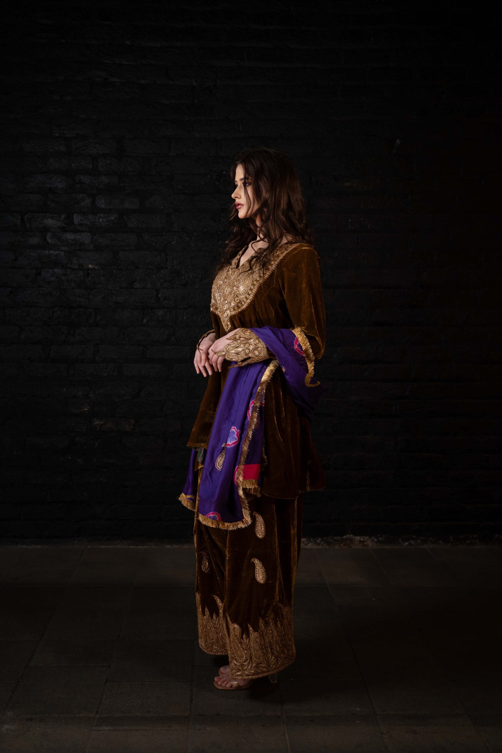 Mustard and Purple Tilla and Hand Embroidered Round Pheran Farshi Salwar Silk Bandhani Dupatta