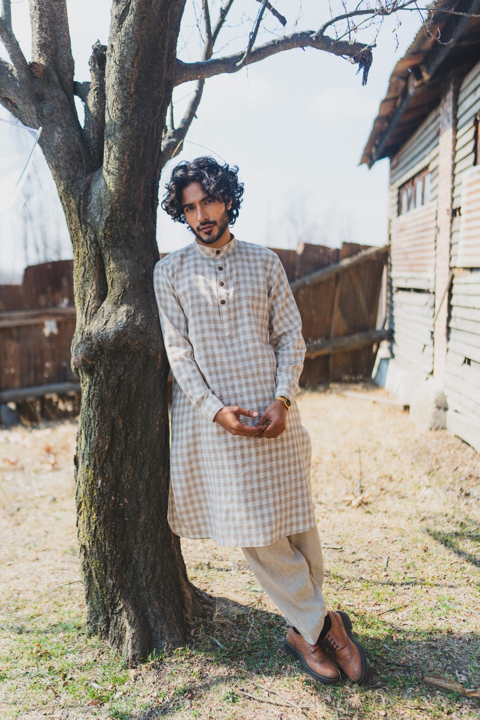 Off White Check Printed Kurta Salwar