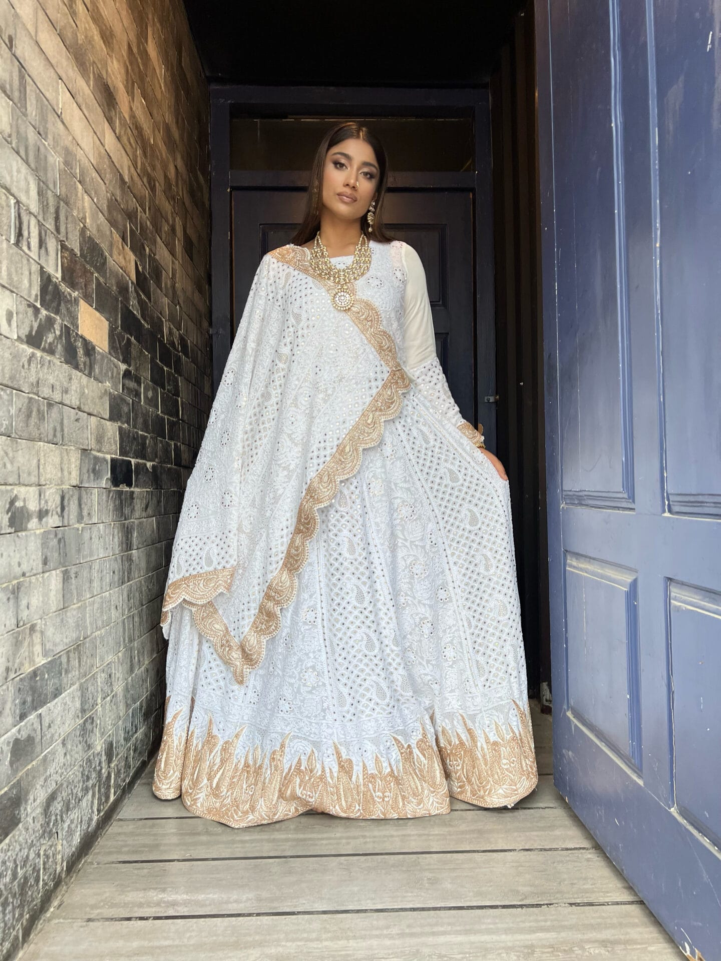 White Chikankari Mukaish Tilla Embroidered Blouse Lehanga Dupatta