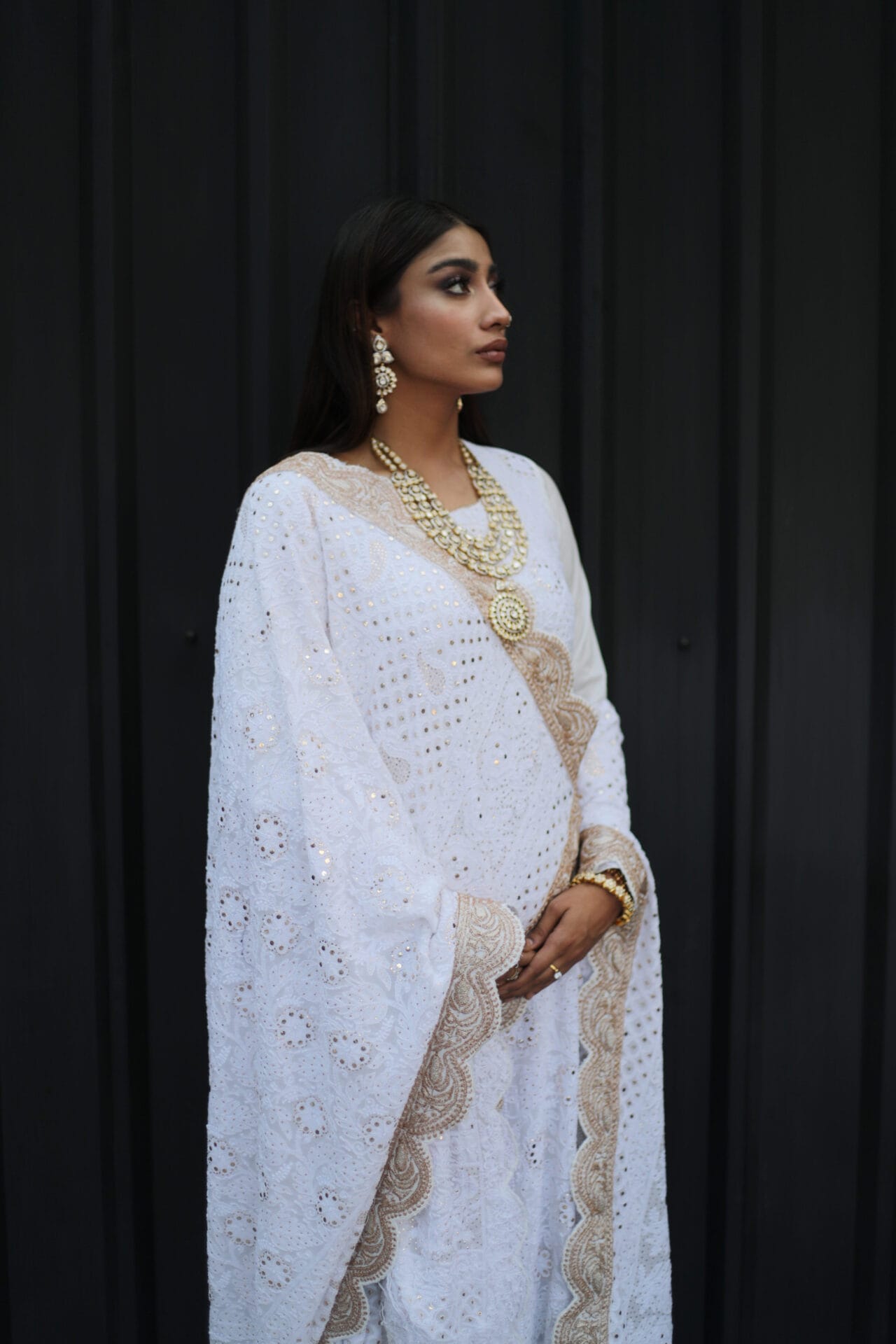 White Chikankari Mukaish Tilla Embroidered Blouse Lehanga Dupatta