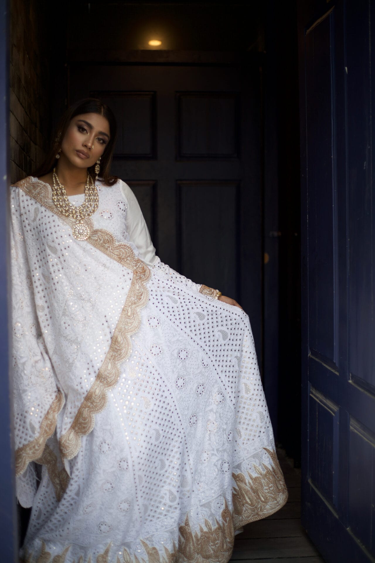 White Chikankari Mukaish Tilla Embroidered Blouse Lehanga Dupatta