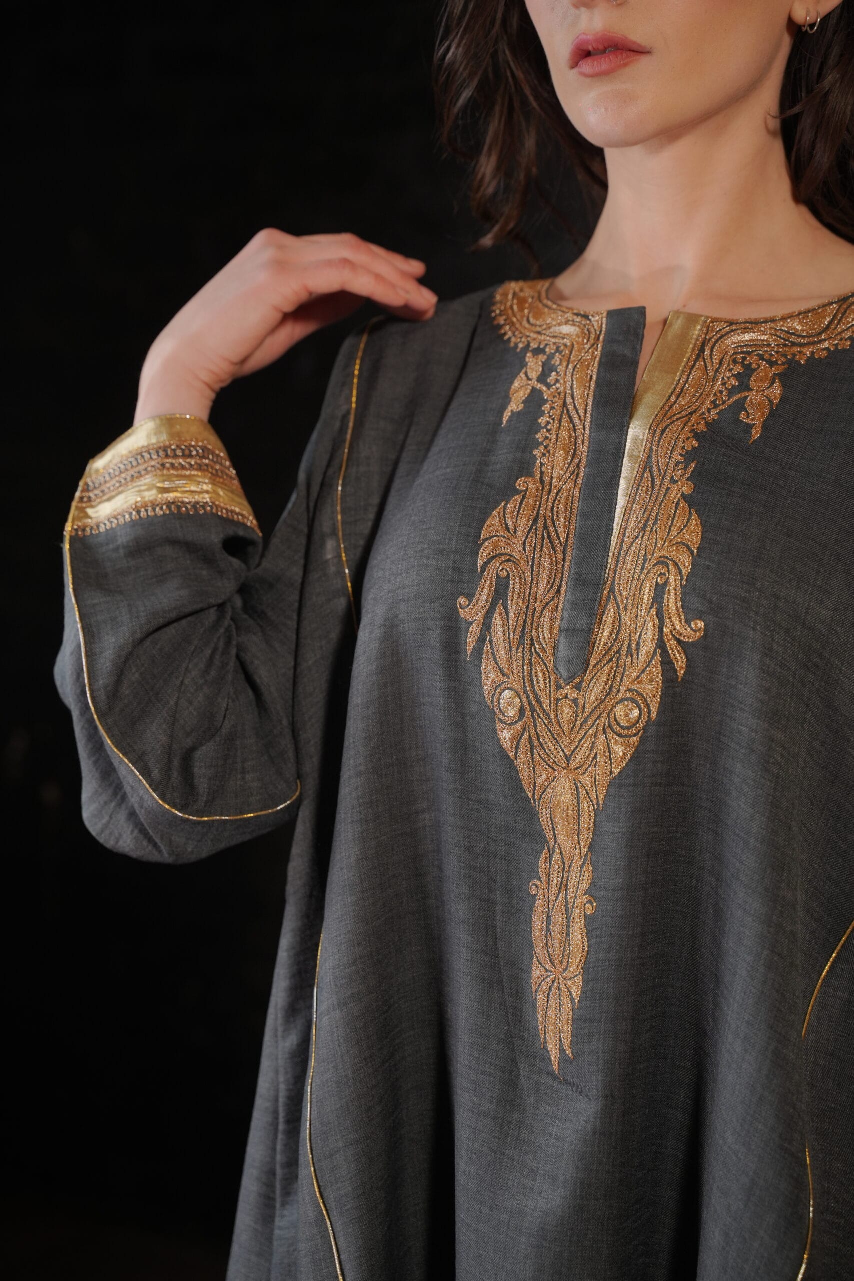 Grey and Green Tilla Embroidered Round Pheran Farshi Salwar Dupatta