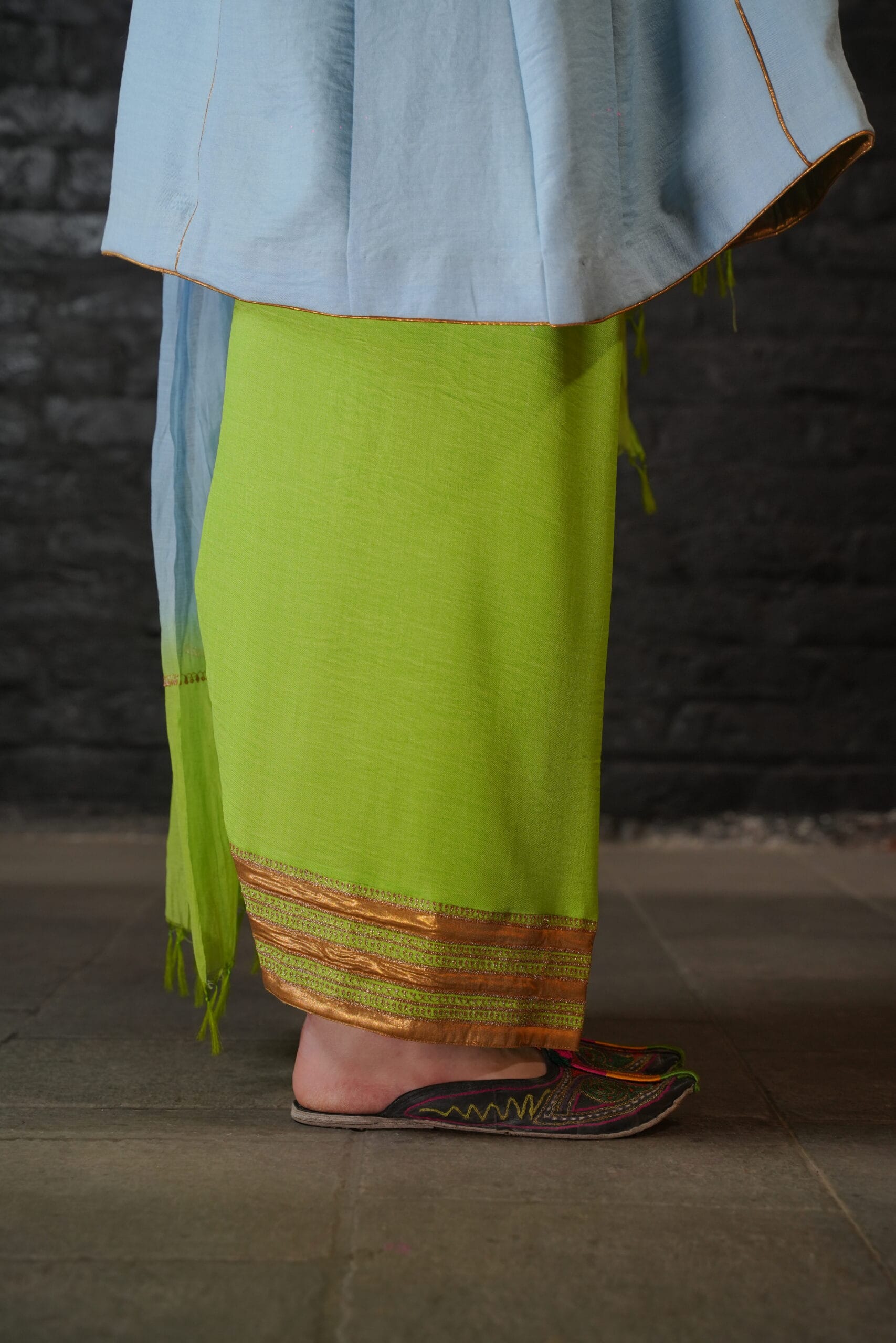 Powder Blue and Green Tilla Embroidered Round Pheran Farshi Salwar Dupatta