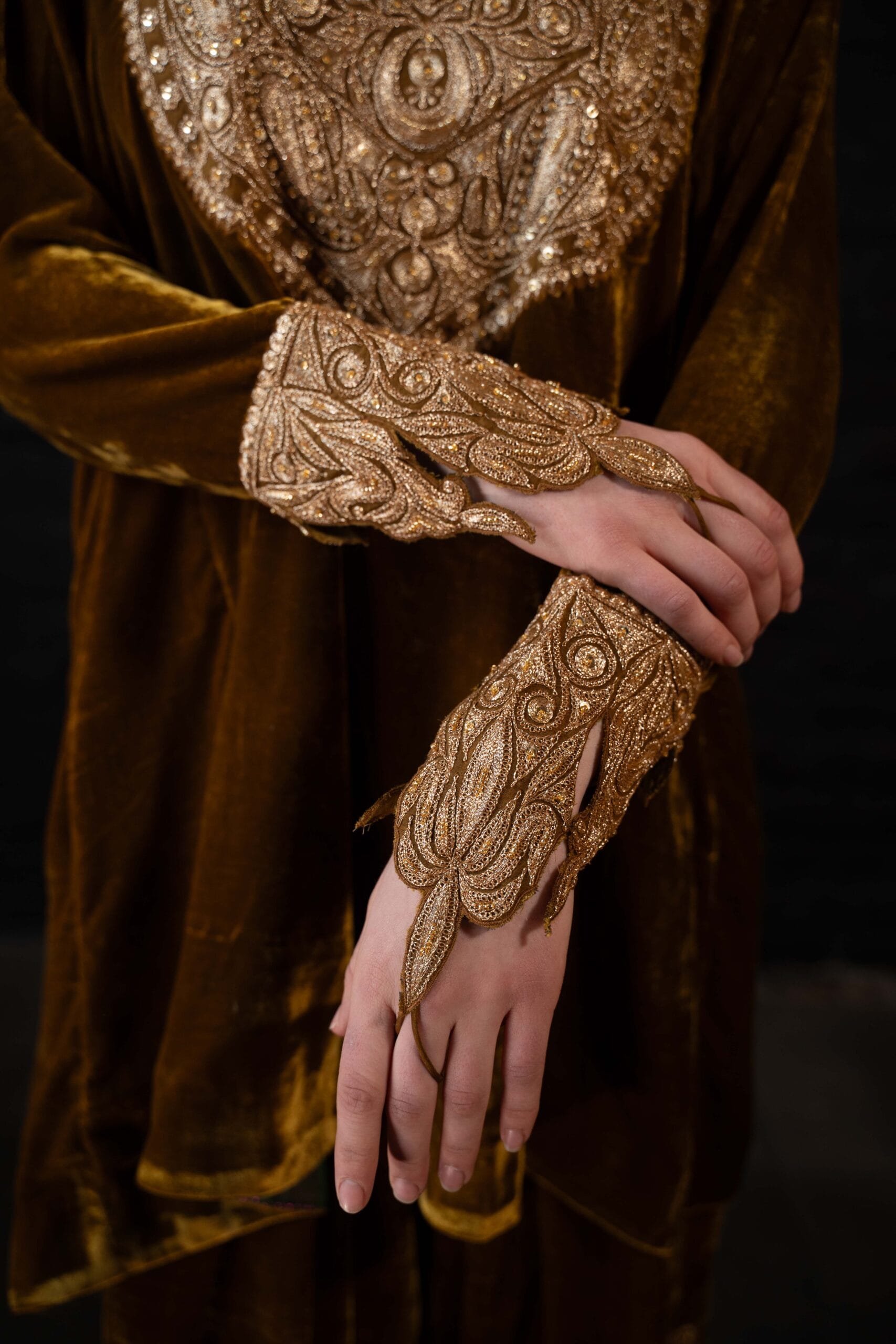 Mustard and Purple Tilla and Hand Embroidered Round Pheran Farshi Salwar Silk Bandhani Dupatta