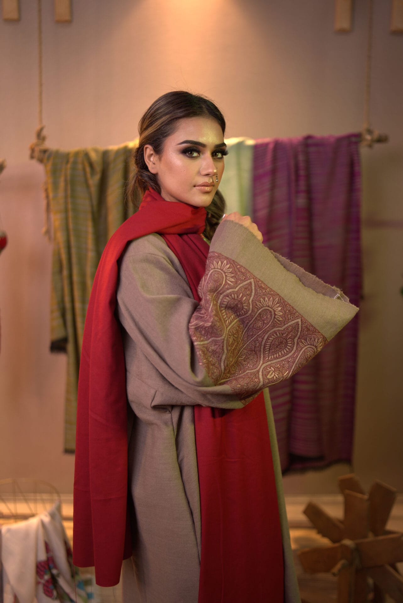 Beige Sozni Embroidered Pheran Pants Wool Stole
