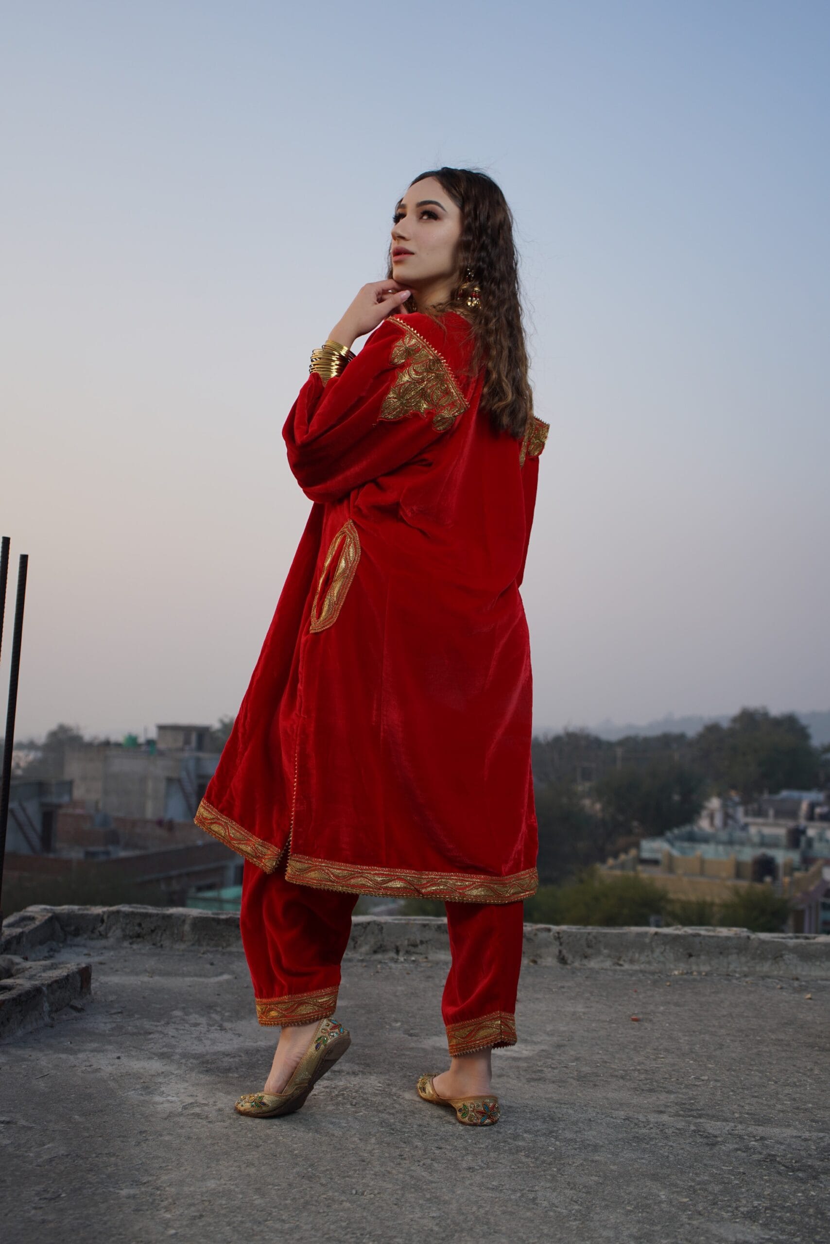 Aroob Khan in Maroon Tilla Embroidered Qurab Sleeved Pheran Salwar