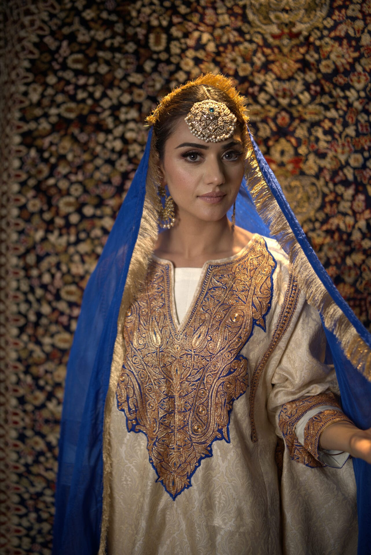 Ivory Hand Embroidered Pheran Pants Organza Dupatta