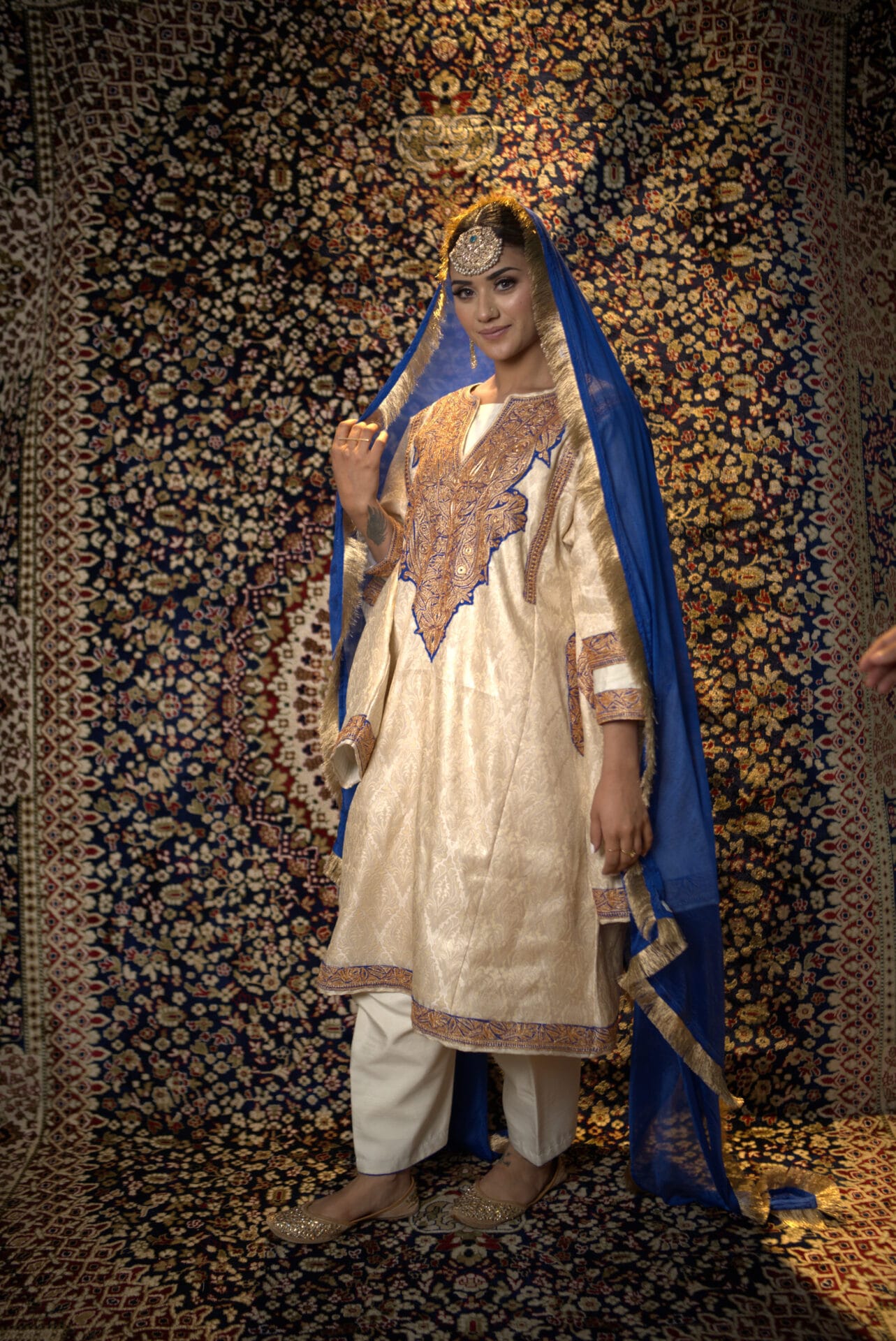 Ivory Hand Embroidered Pheran Pants Organza Dupatta
