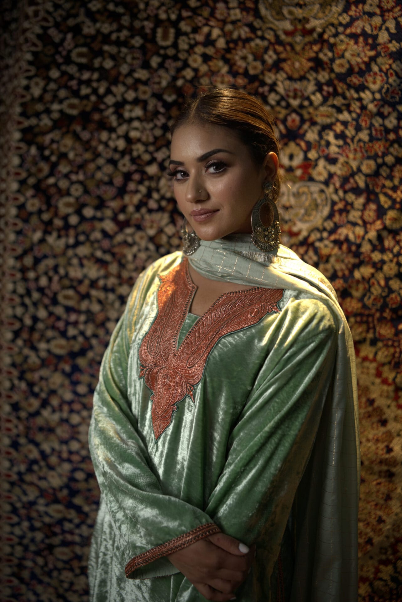 Sage Green Handtilla Embroidered Pheran Pants Organza Dupatta