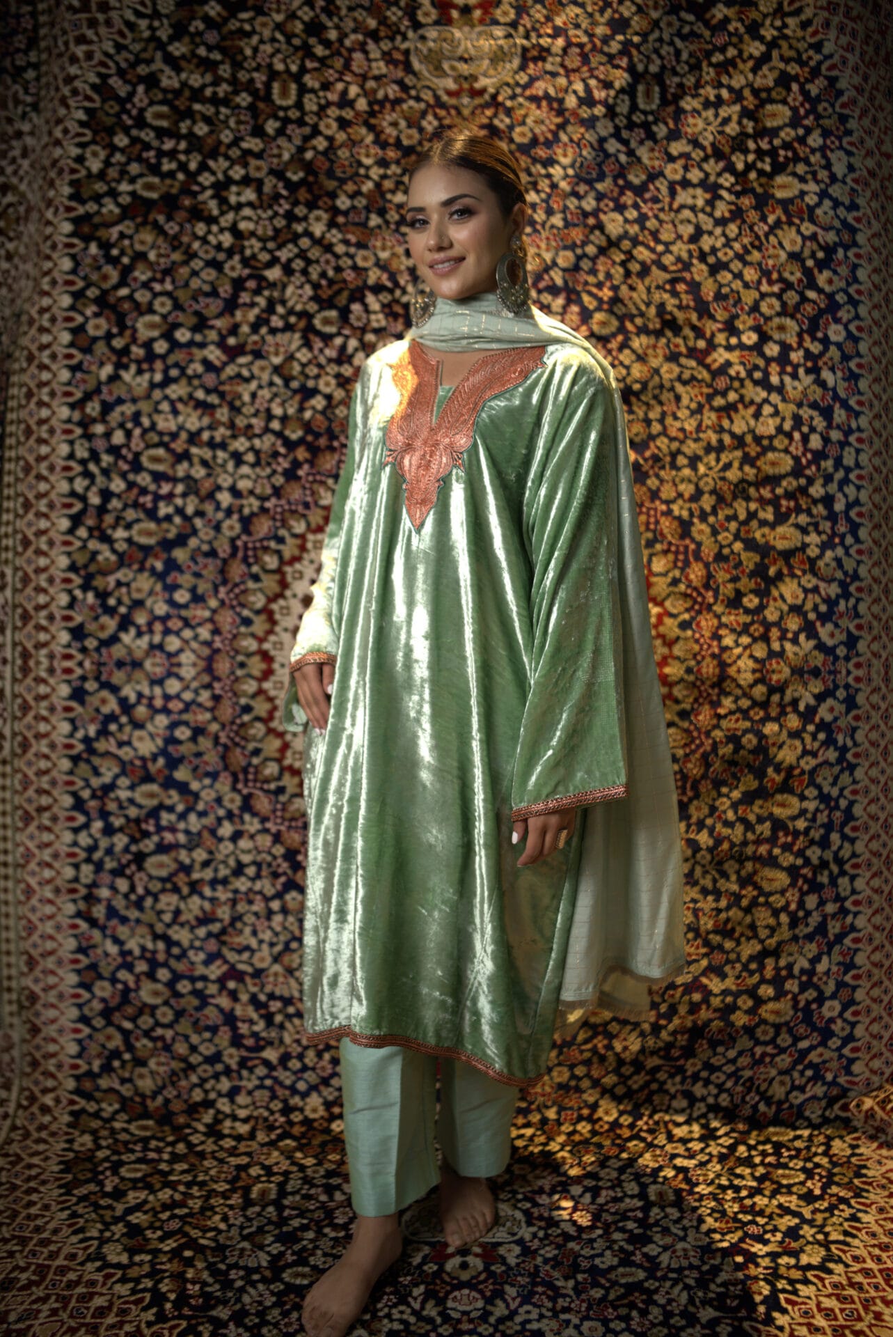 Sage Green Handtilla Embroidered Pheran Pants Organza Dupatta