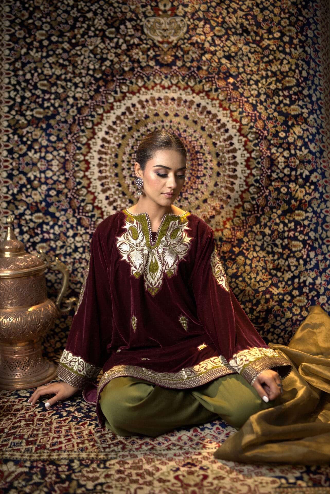 Maroon Zari Embroidered Pheran Salwar Tissue Dupatta