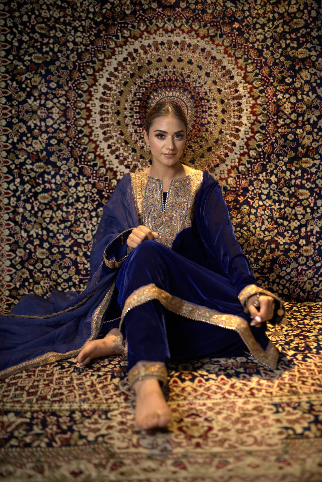 Royal Blue Tilla Embroidered Pheran Salwar Organza Dupatta